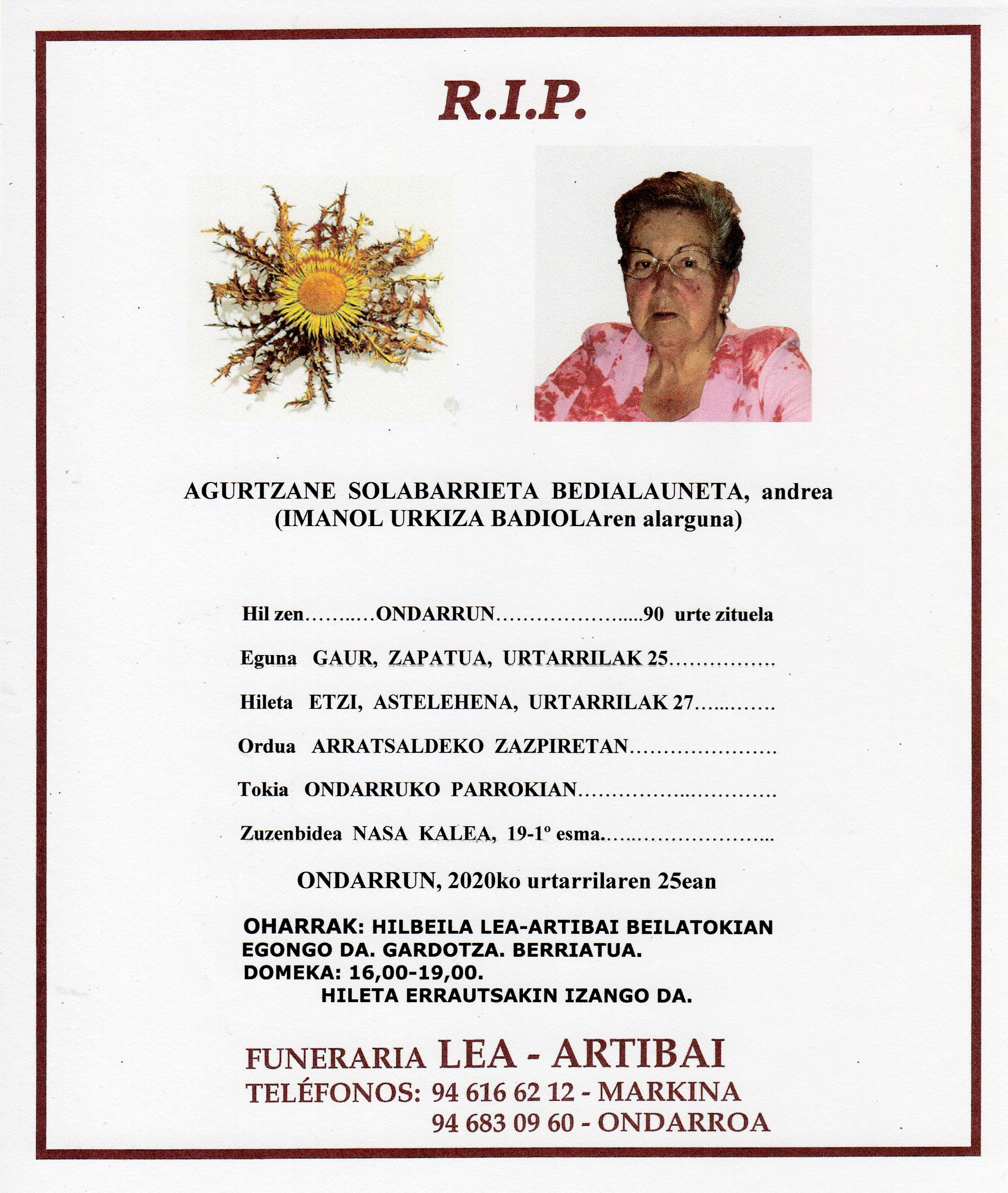 Esquela de Agurtzane Solabarrieta Bedialauneta