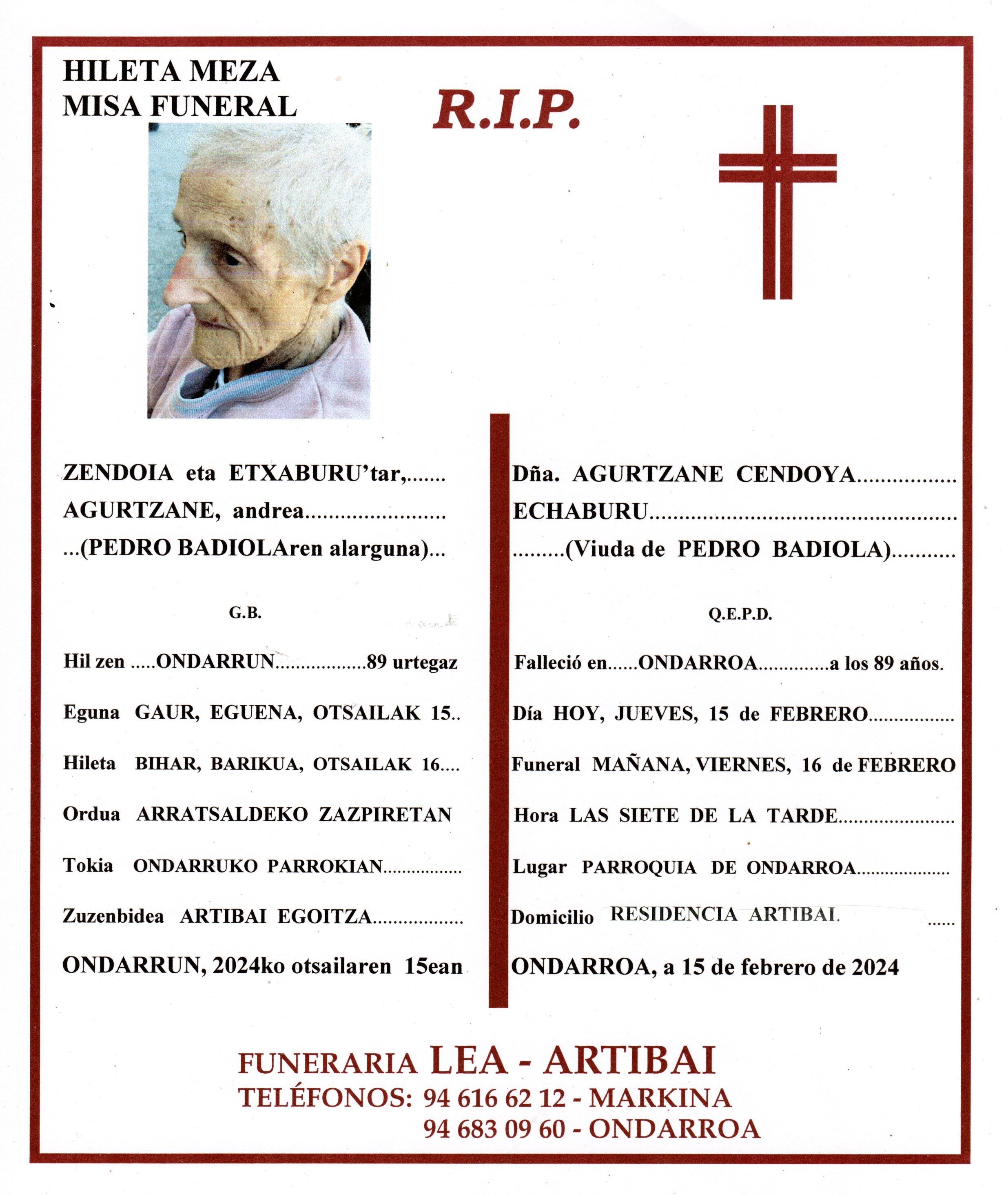 Esquela de Agurtzane Zendoia Etxaburu