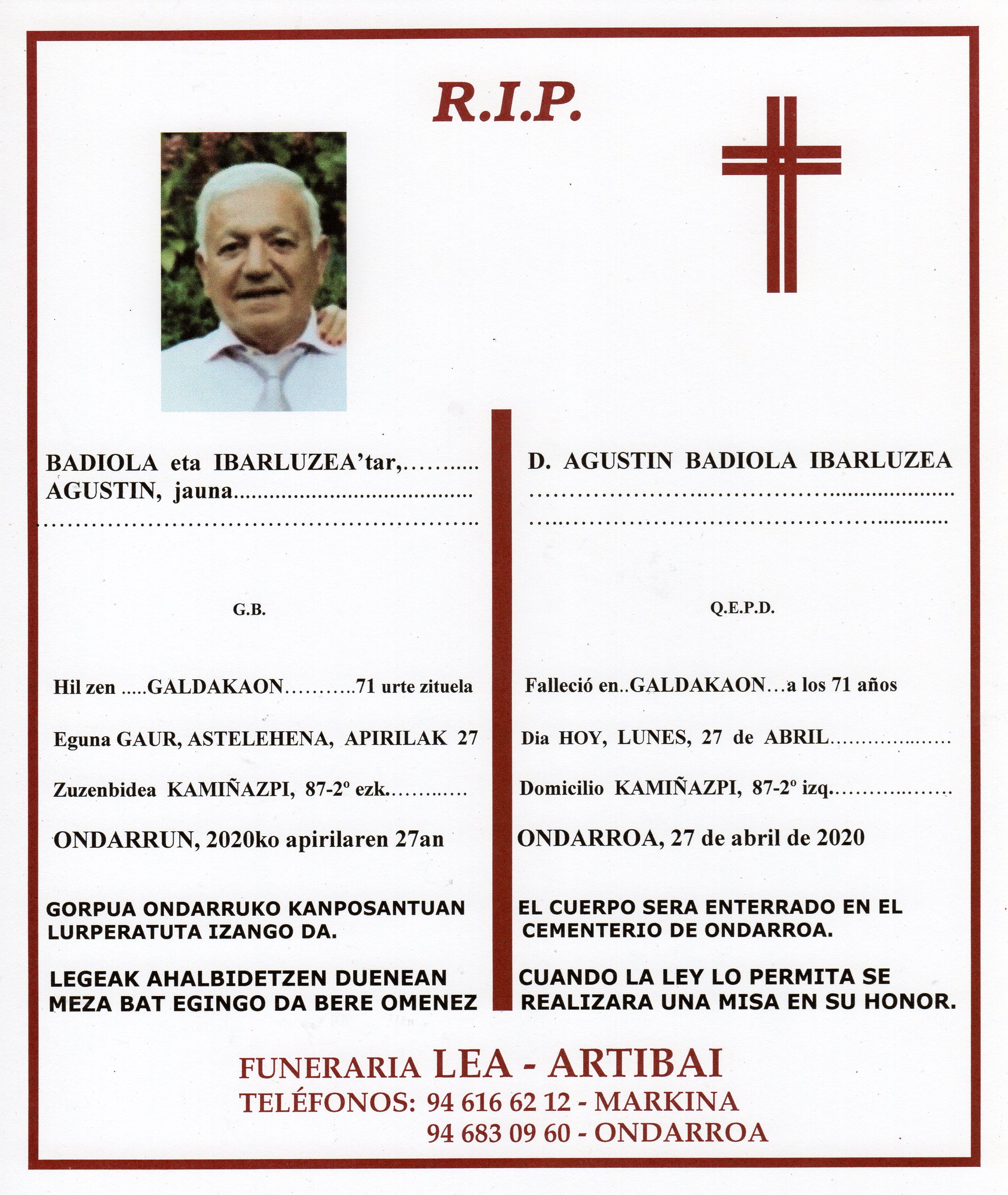 Esquela de Agustin Badiola Ibarluzea