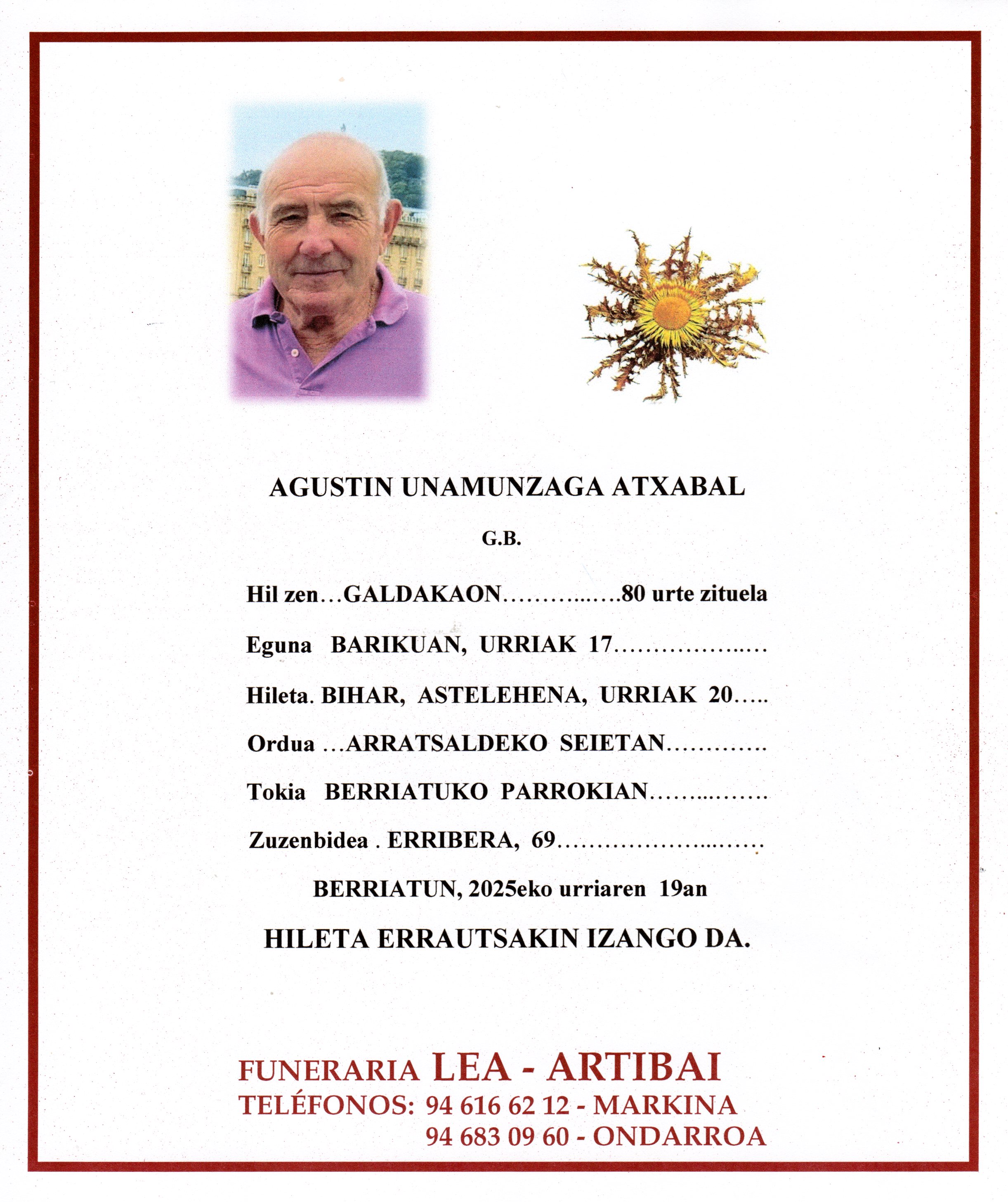Esquela de Agustin Unamunzaga Atxabal