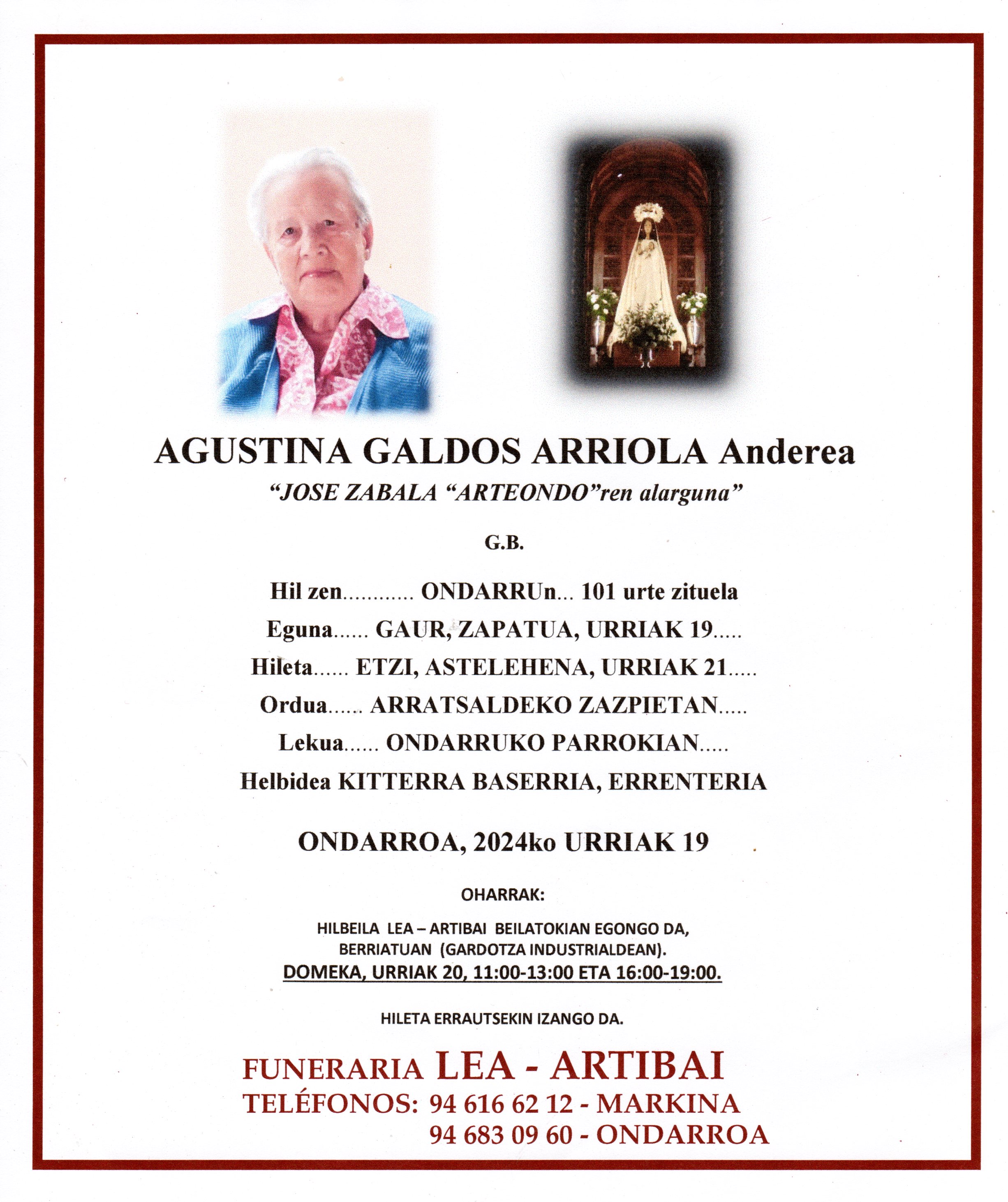 Esquela de Agustina Galdos Arriola