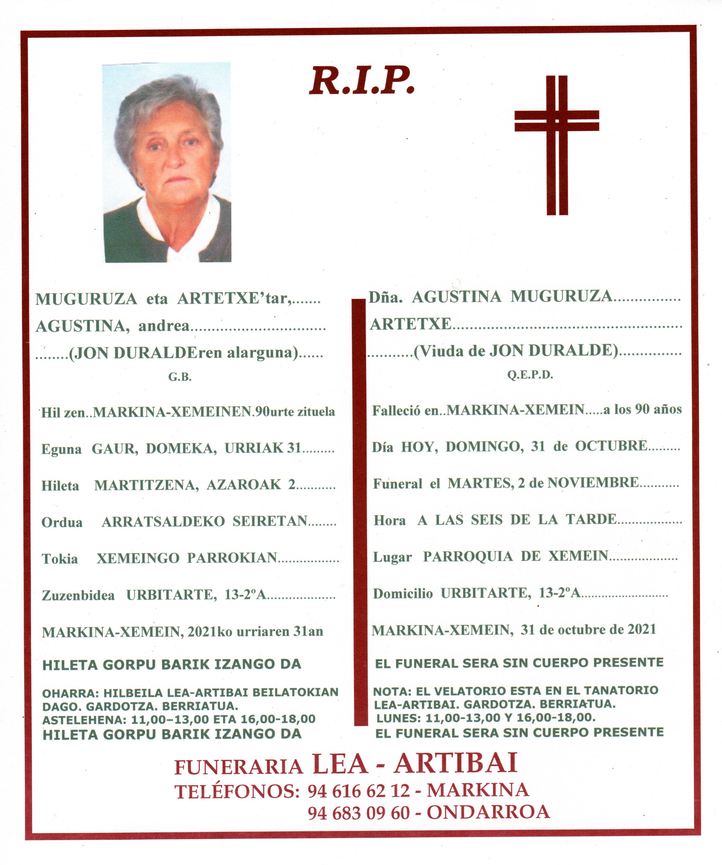 Esquela de Agustina Muguruza Artetxe