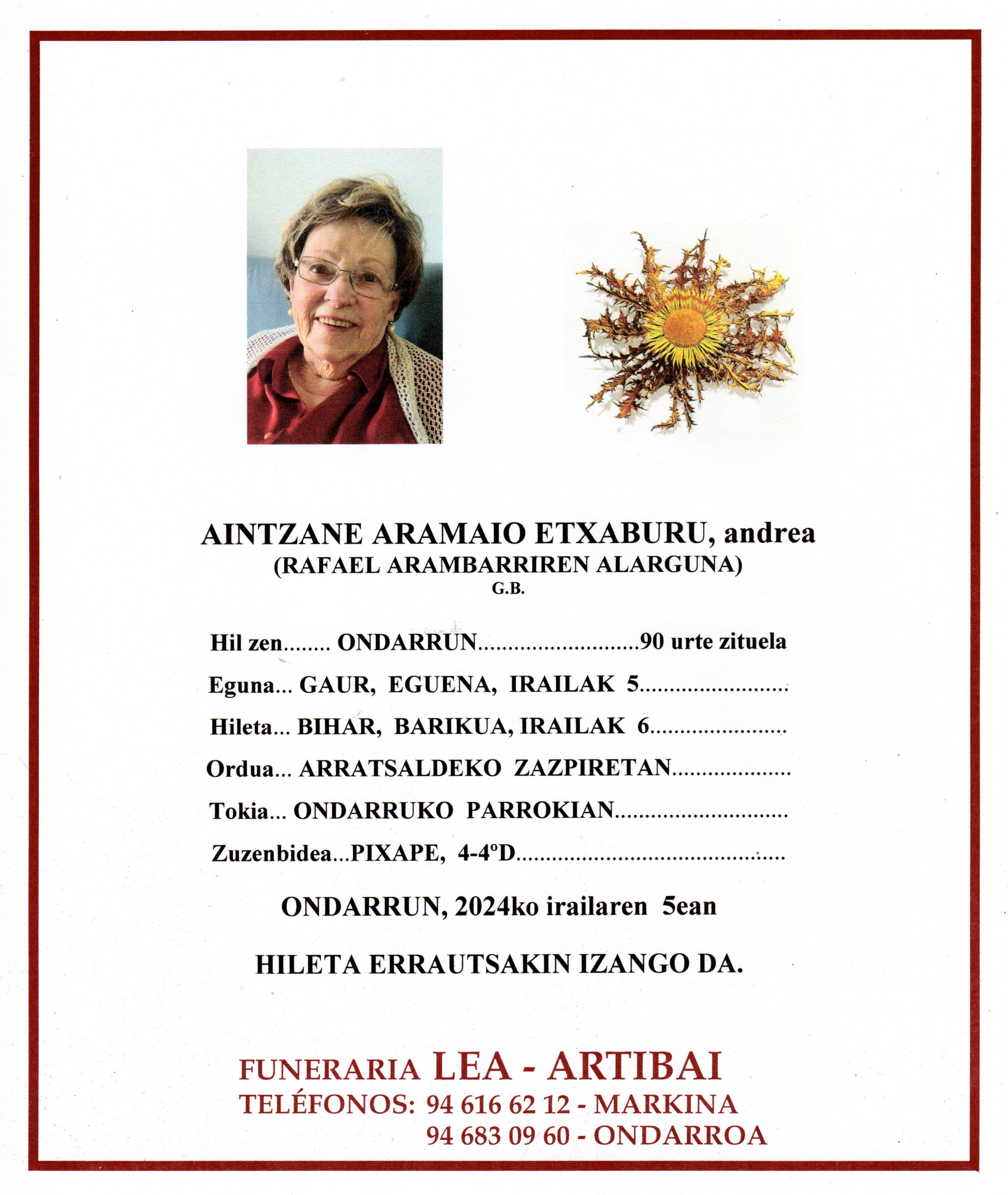 Esquela de Aintzane Aramaio Etxaburu