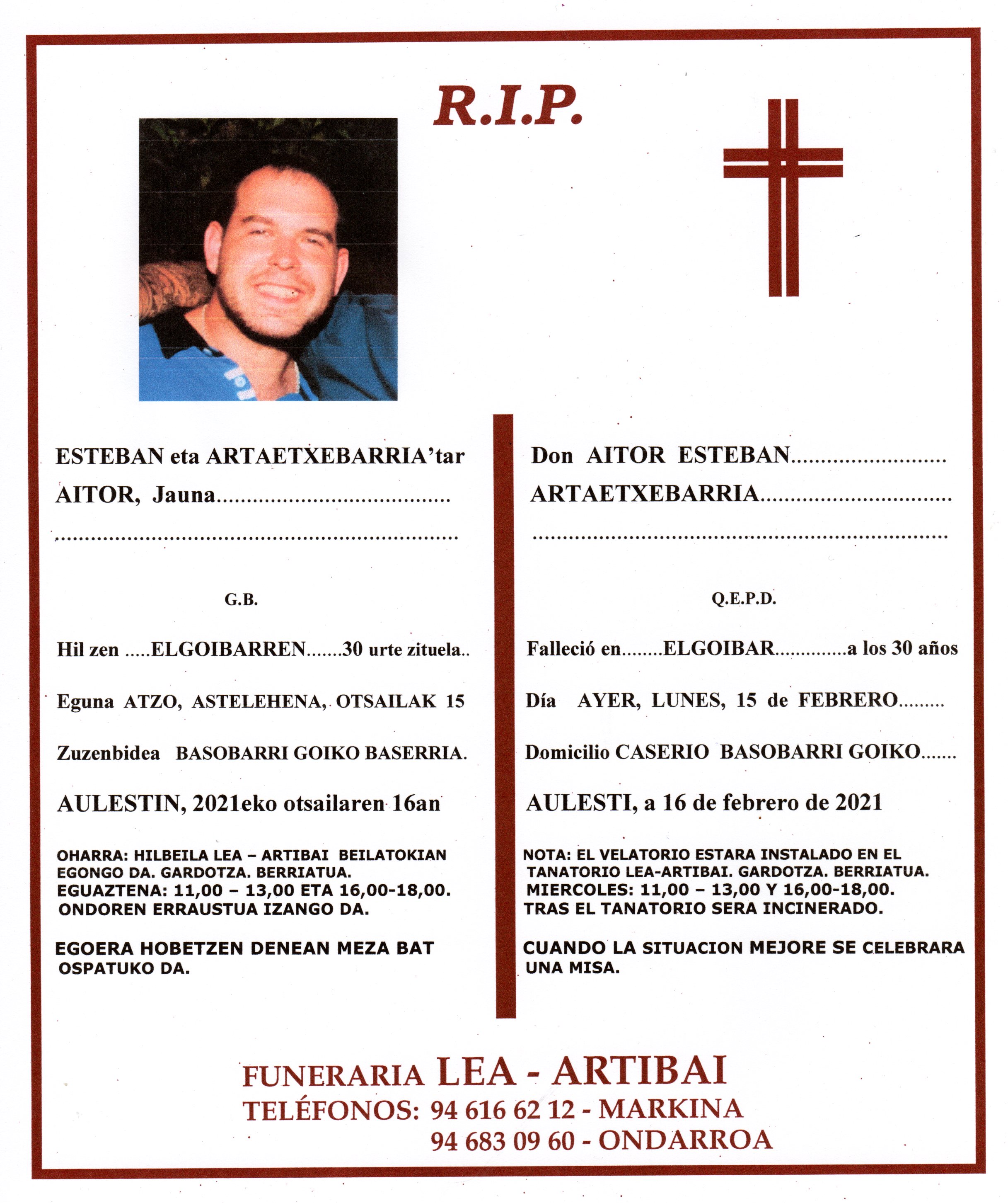 Esquela de Aitor Esteban Artaetxebarria
