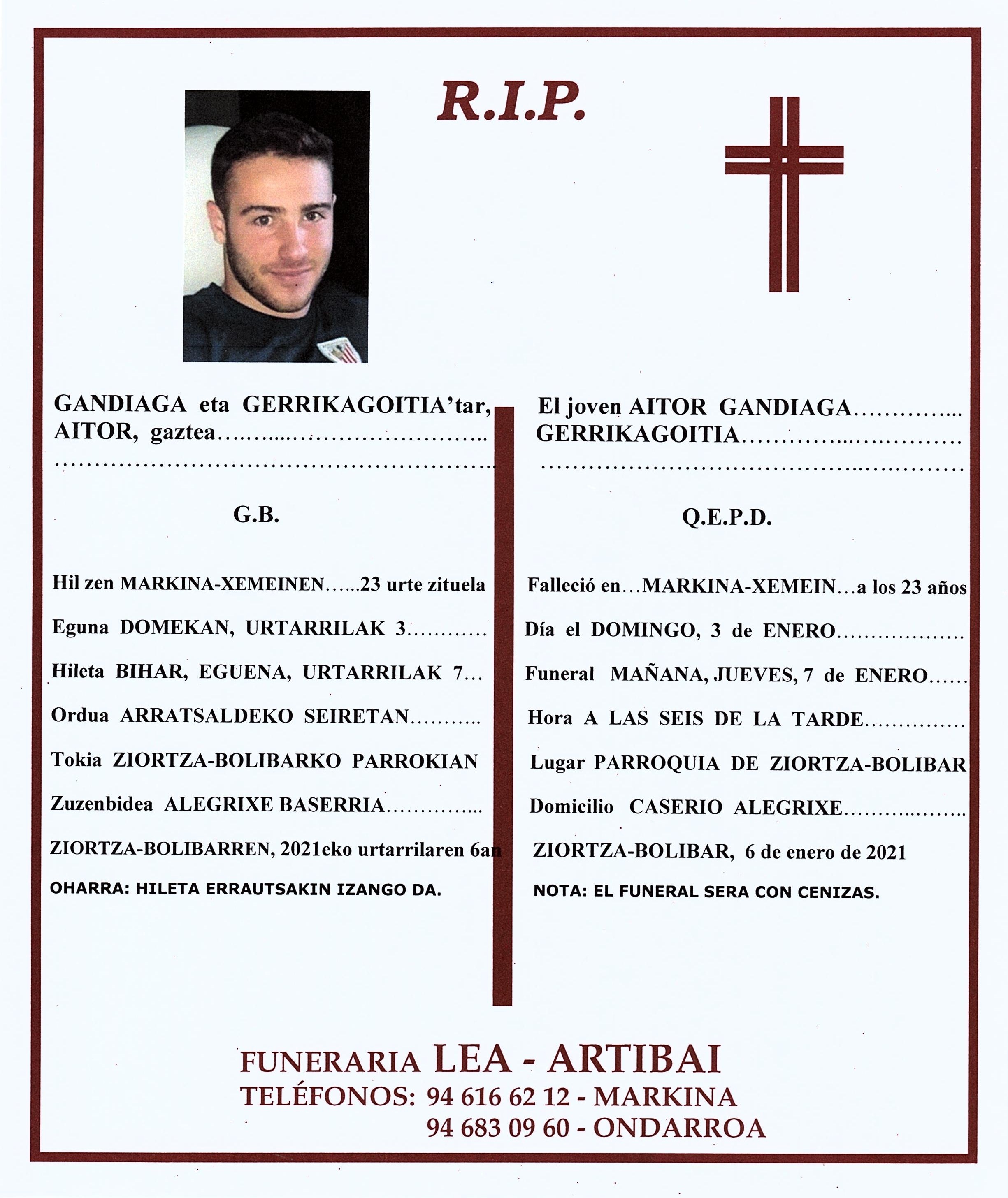 Esquela de Aitor Gandiaga Gerrikagoitia