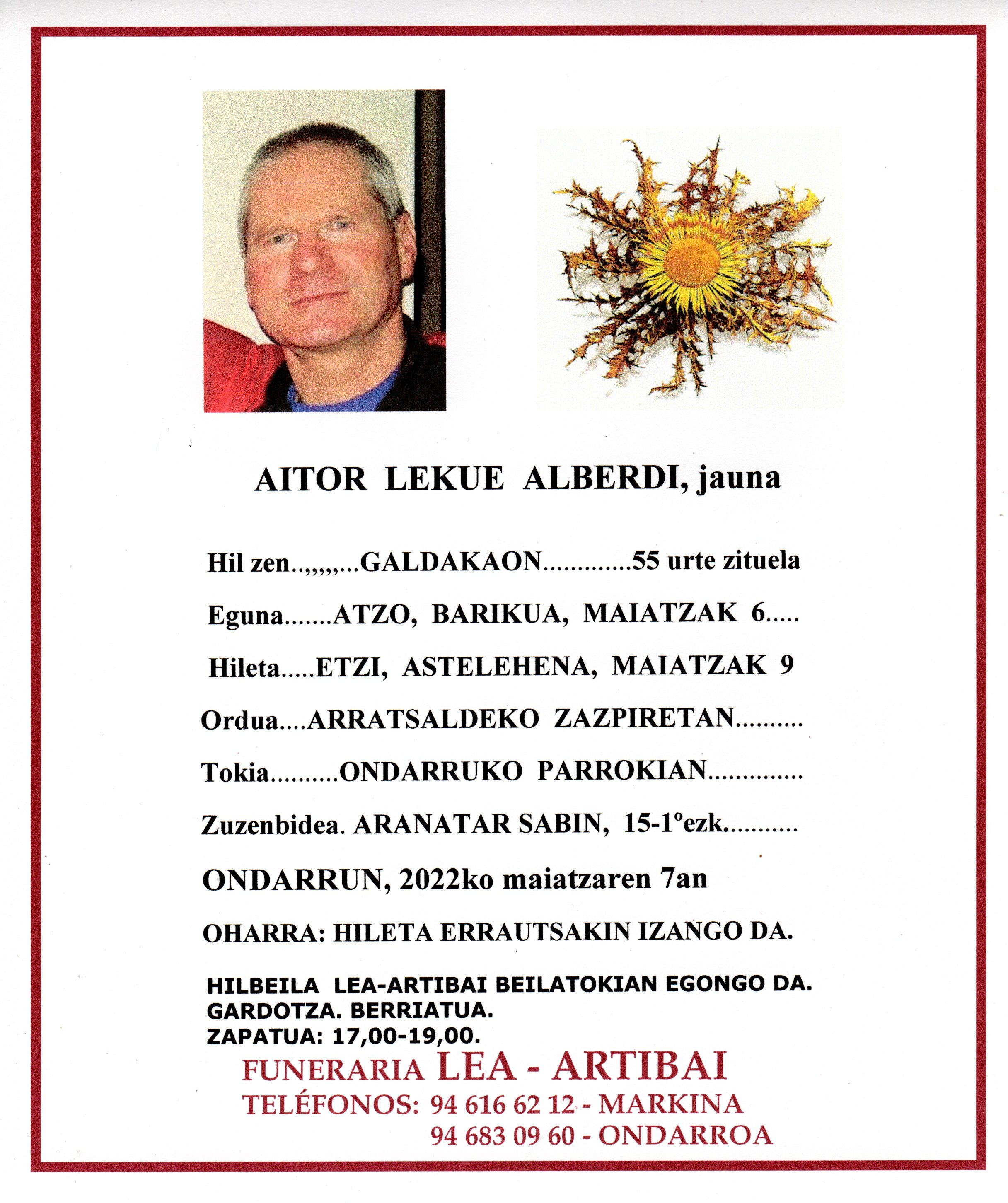 Esquela de Aitor Lekue Alberdi