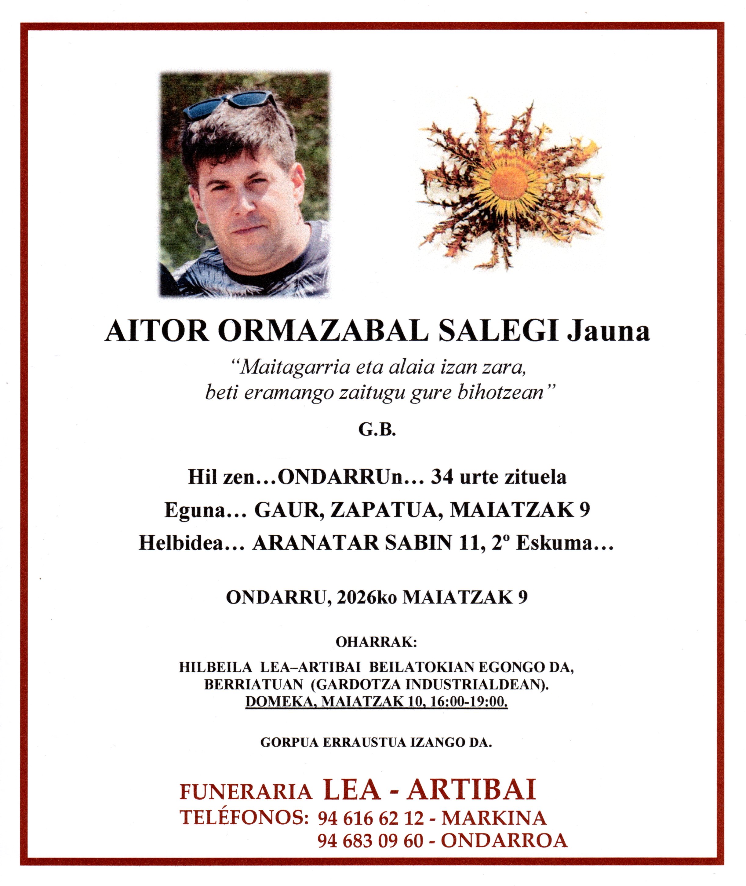 Esquela de Aitor Ormazabal Salegi