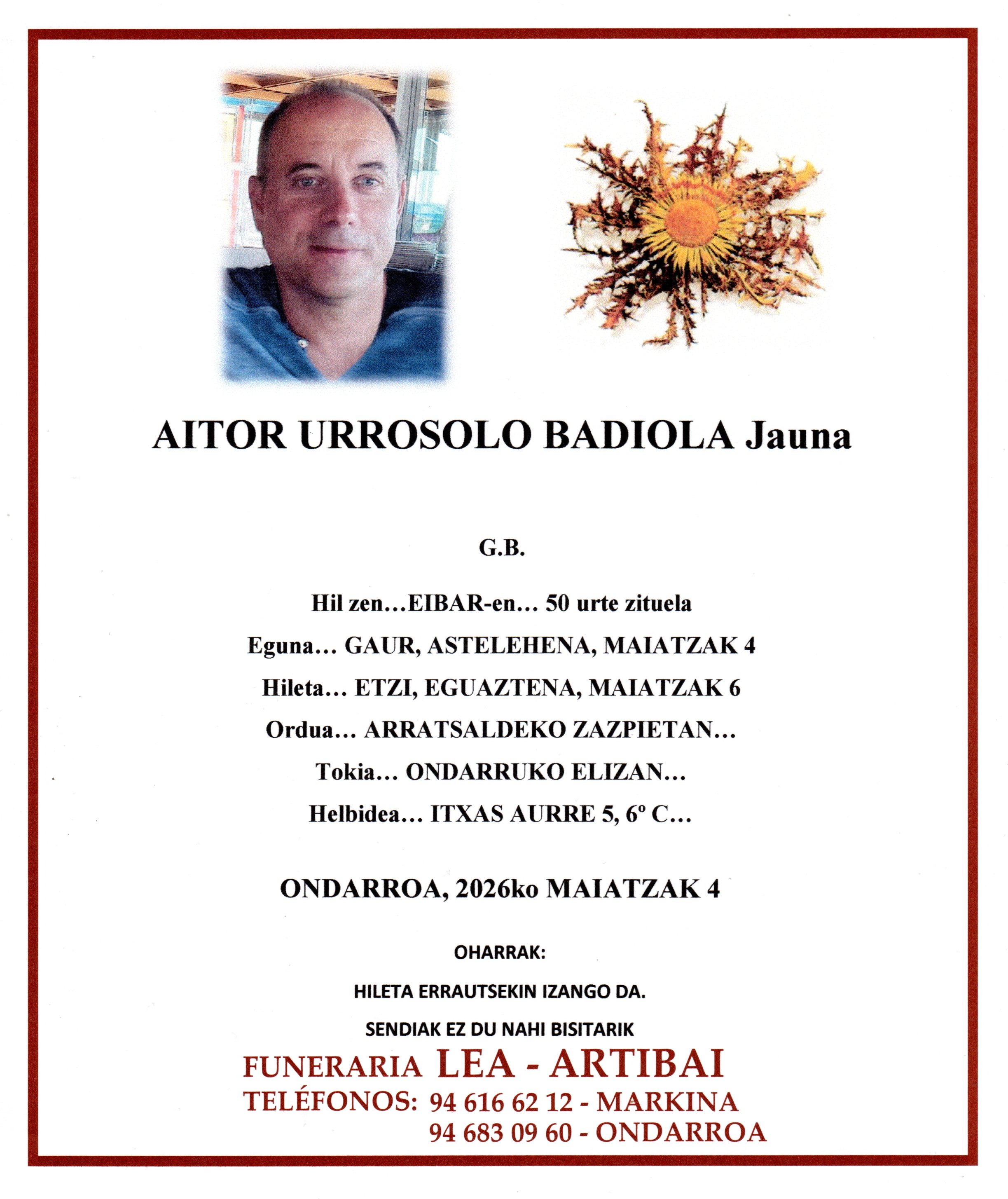 Esquela de Aitor Urrosolo Badiola