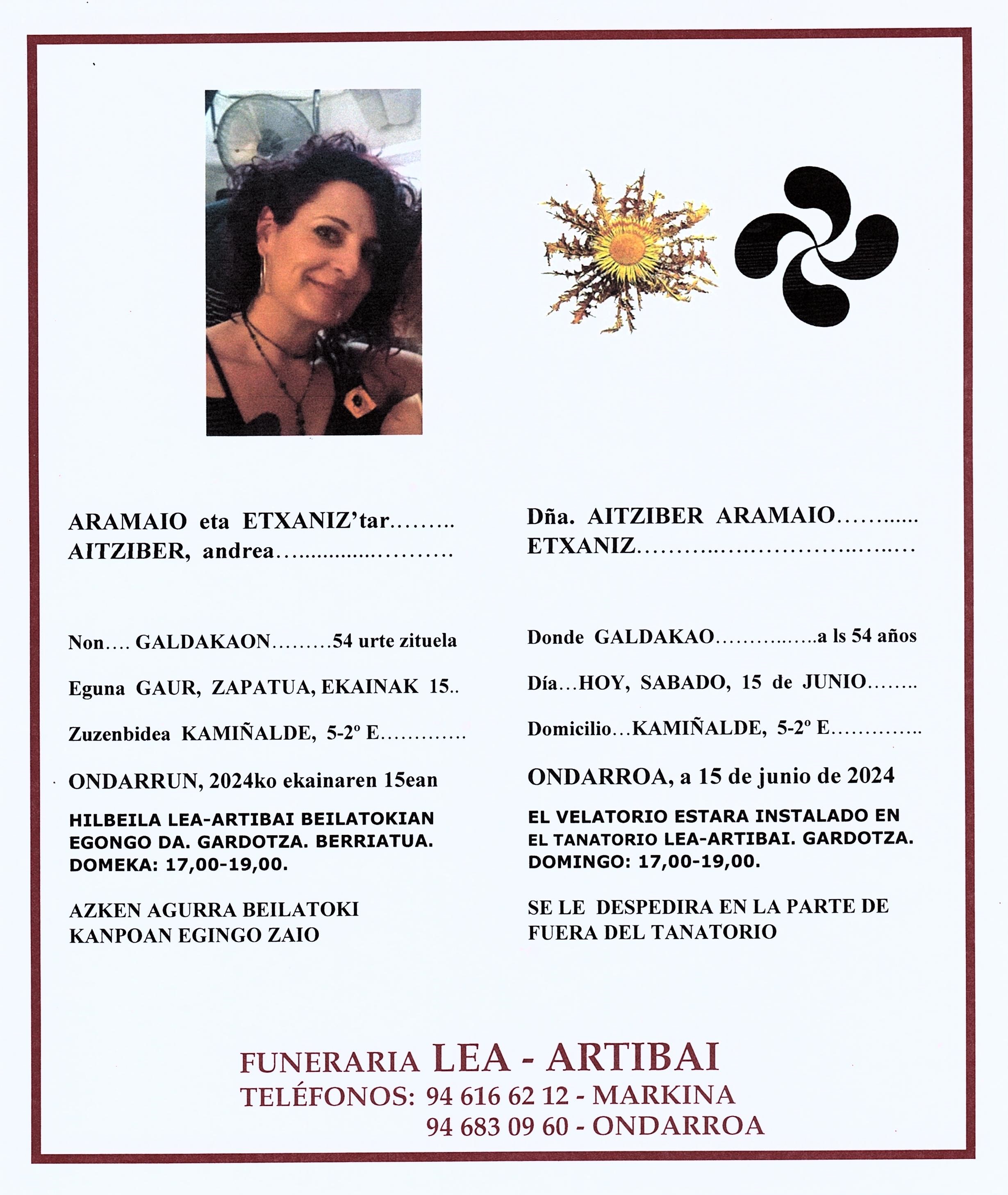 Esquela de Aitziber Aramaio Etxaniz