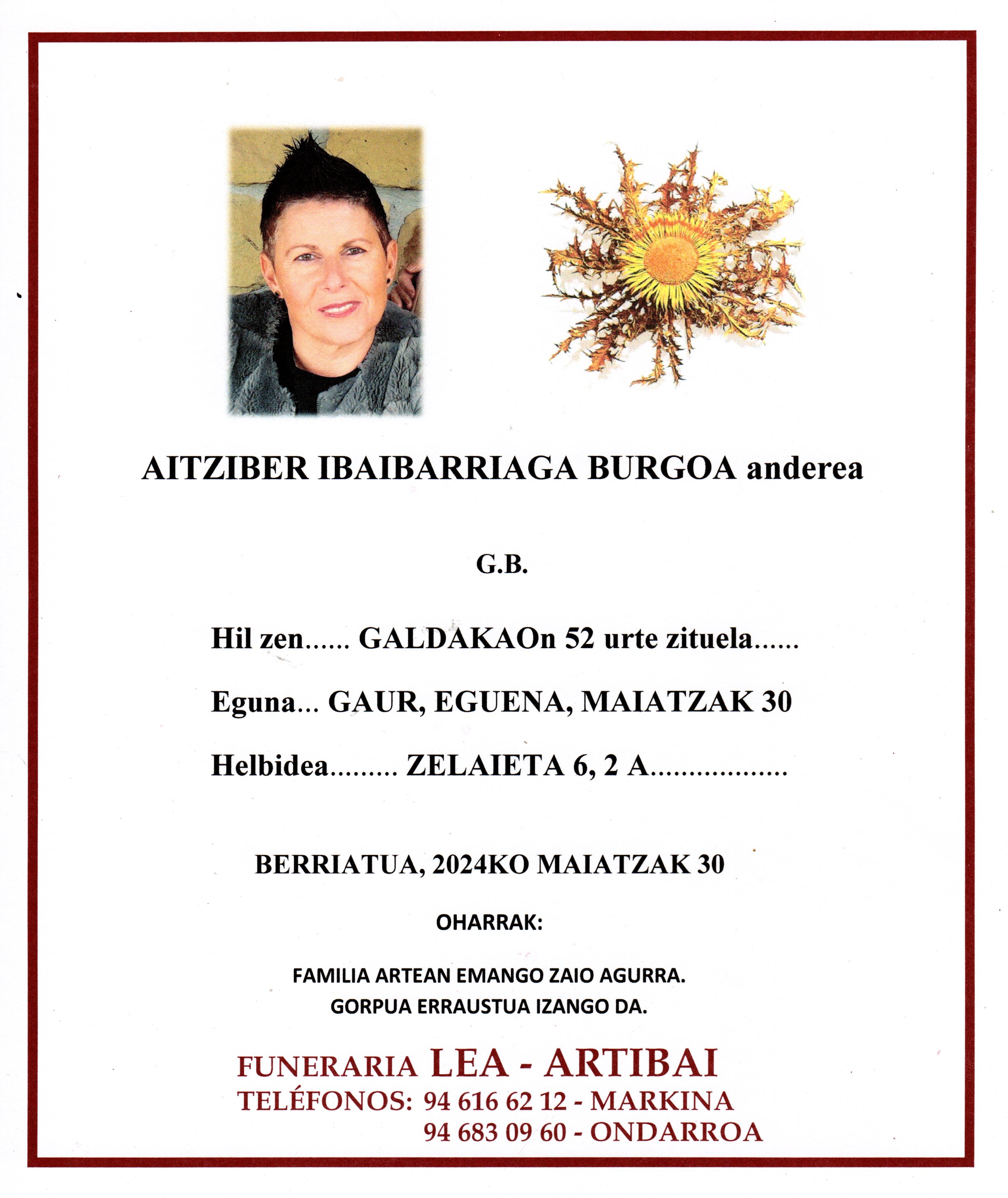 Esquela de Aitziber Ibaibarriaga Burgoa