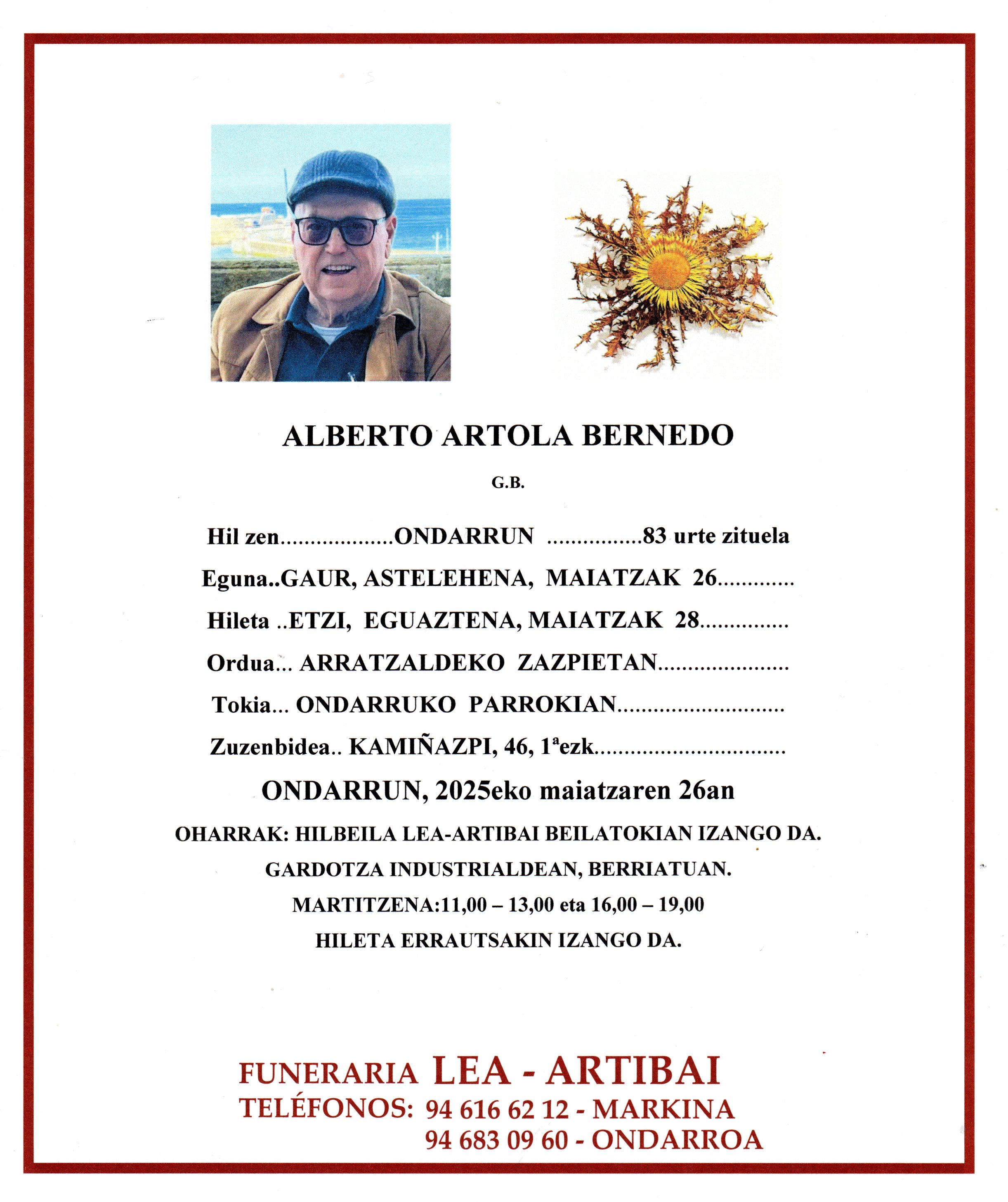 Esquela de Alberto Artola Bernedo