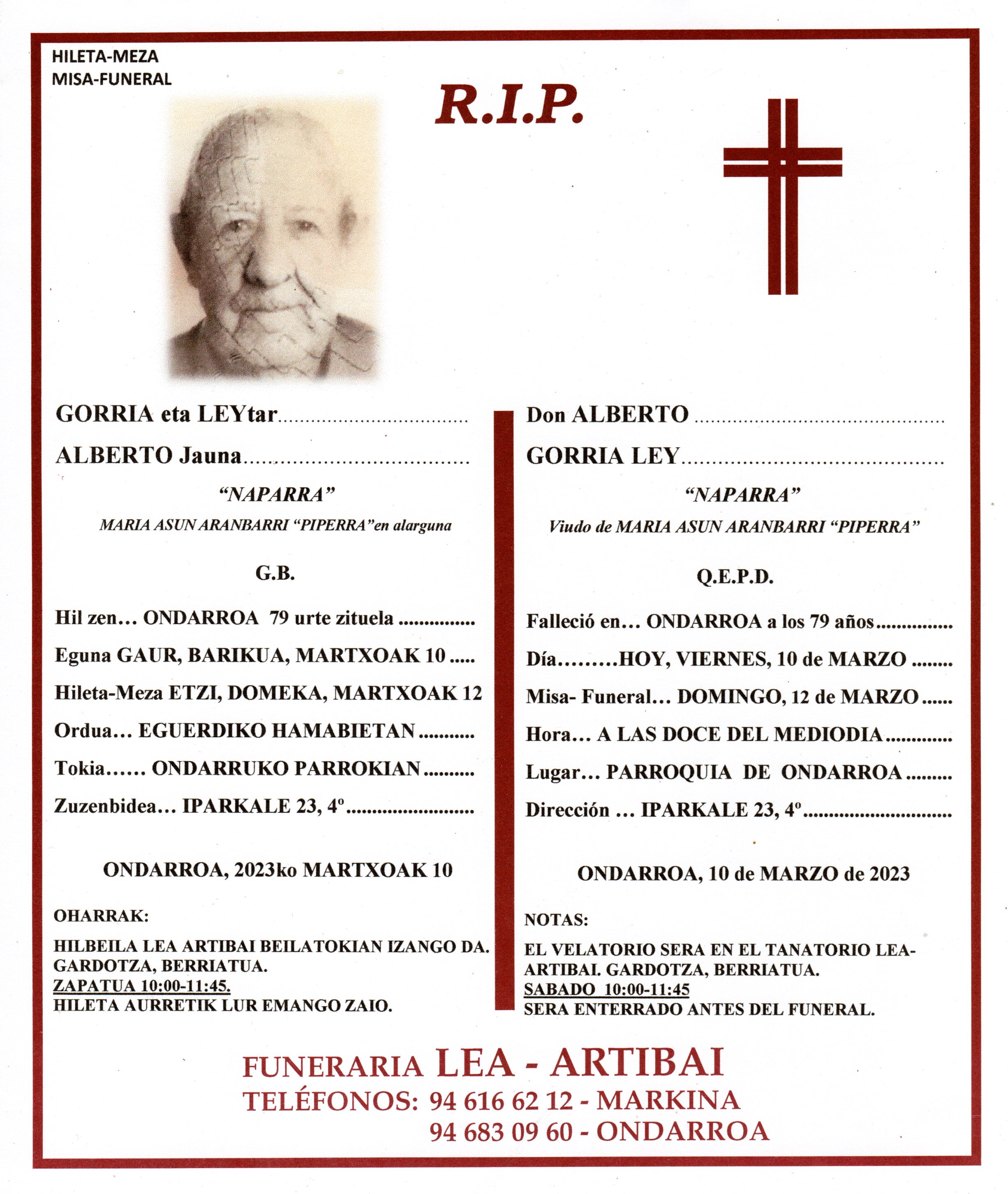Esquela de Alberto Gorria Ley