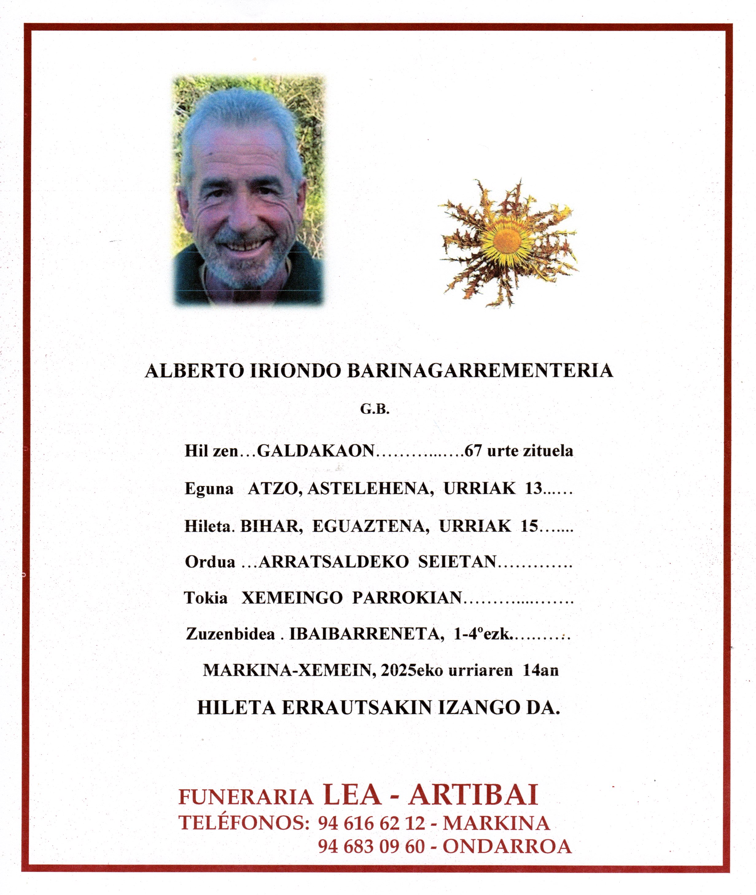 Esquela de Alberto Iriondo Barinagarrementeria