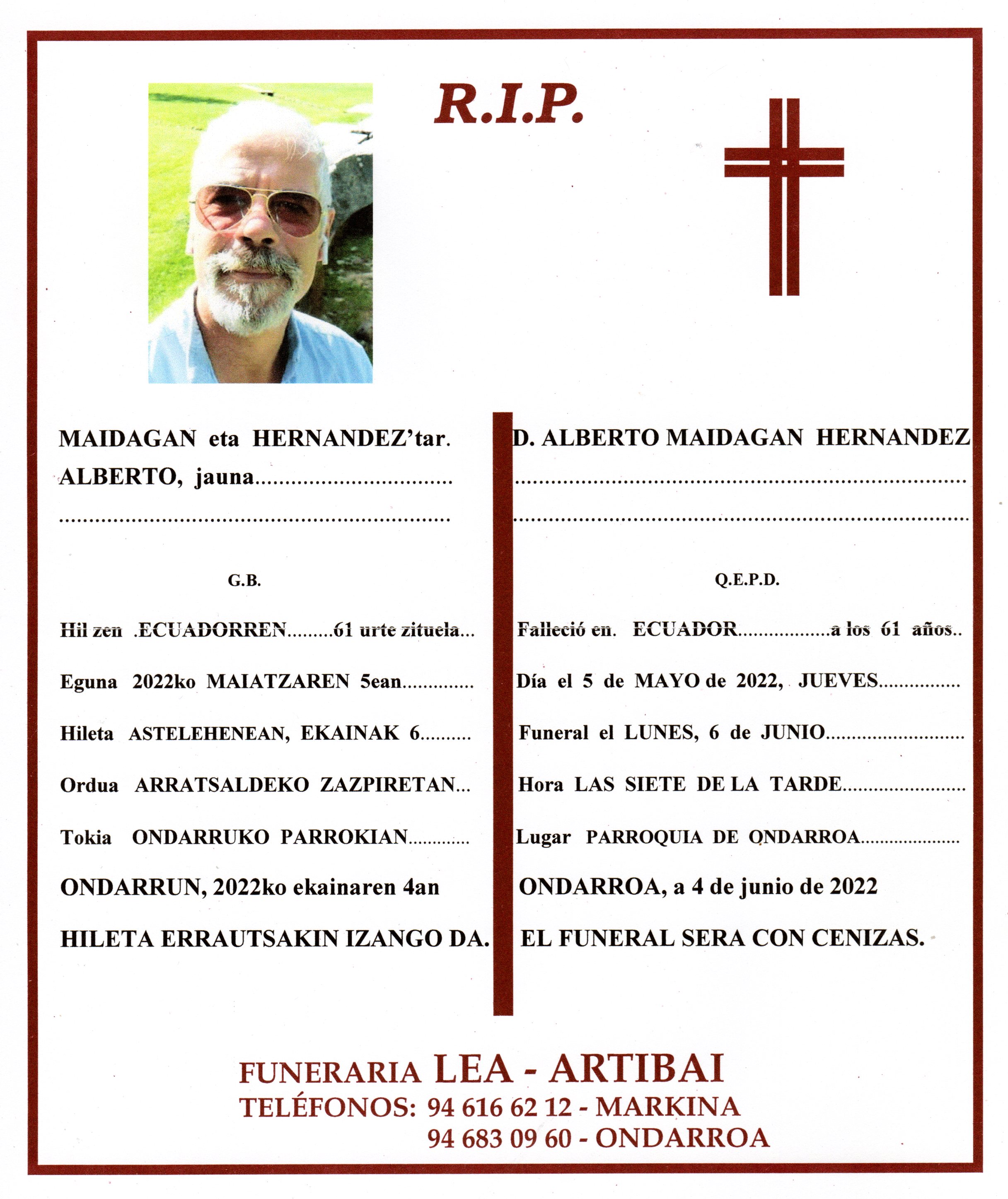 Esquela de Alberto Maidagan Hernandez