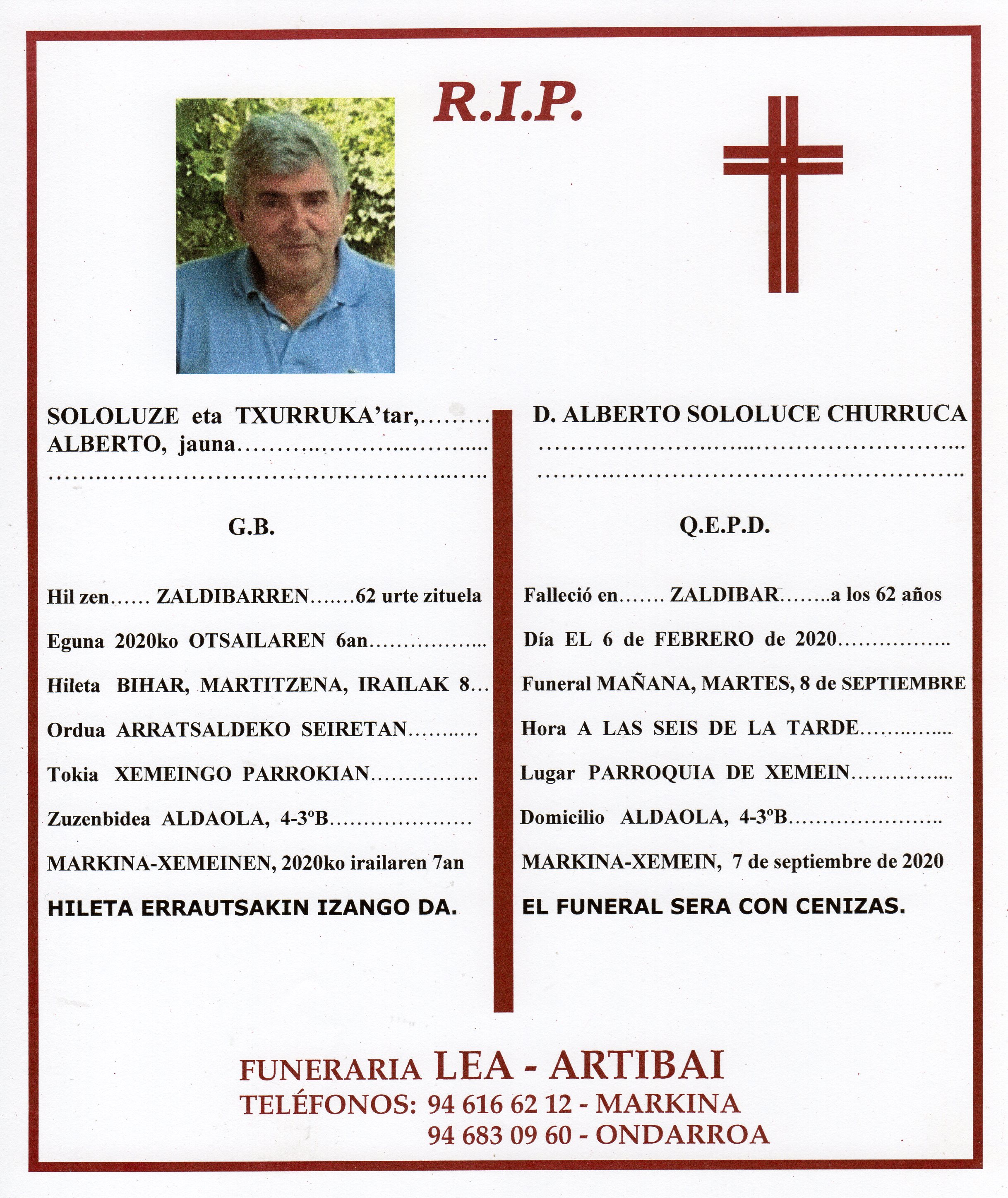 Esquela de Alberto Sololuze Txurruka