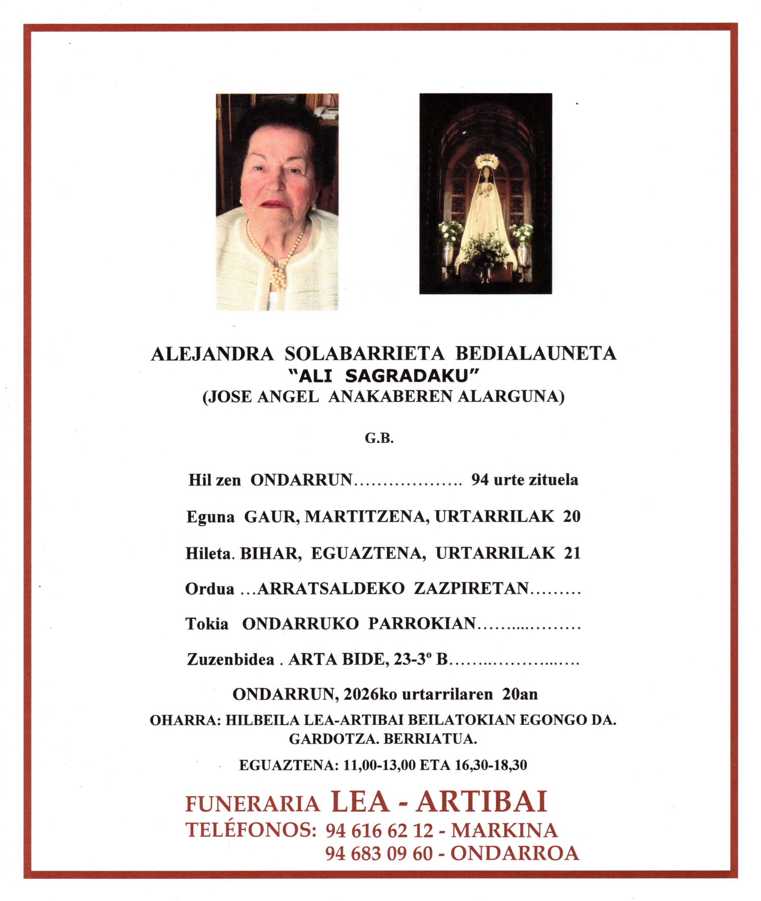 Esquela de Alejandra Solabarrieta Bedialauneta