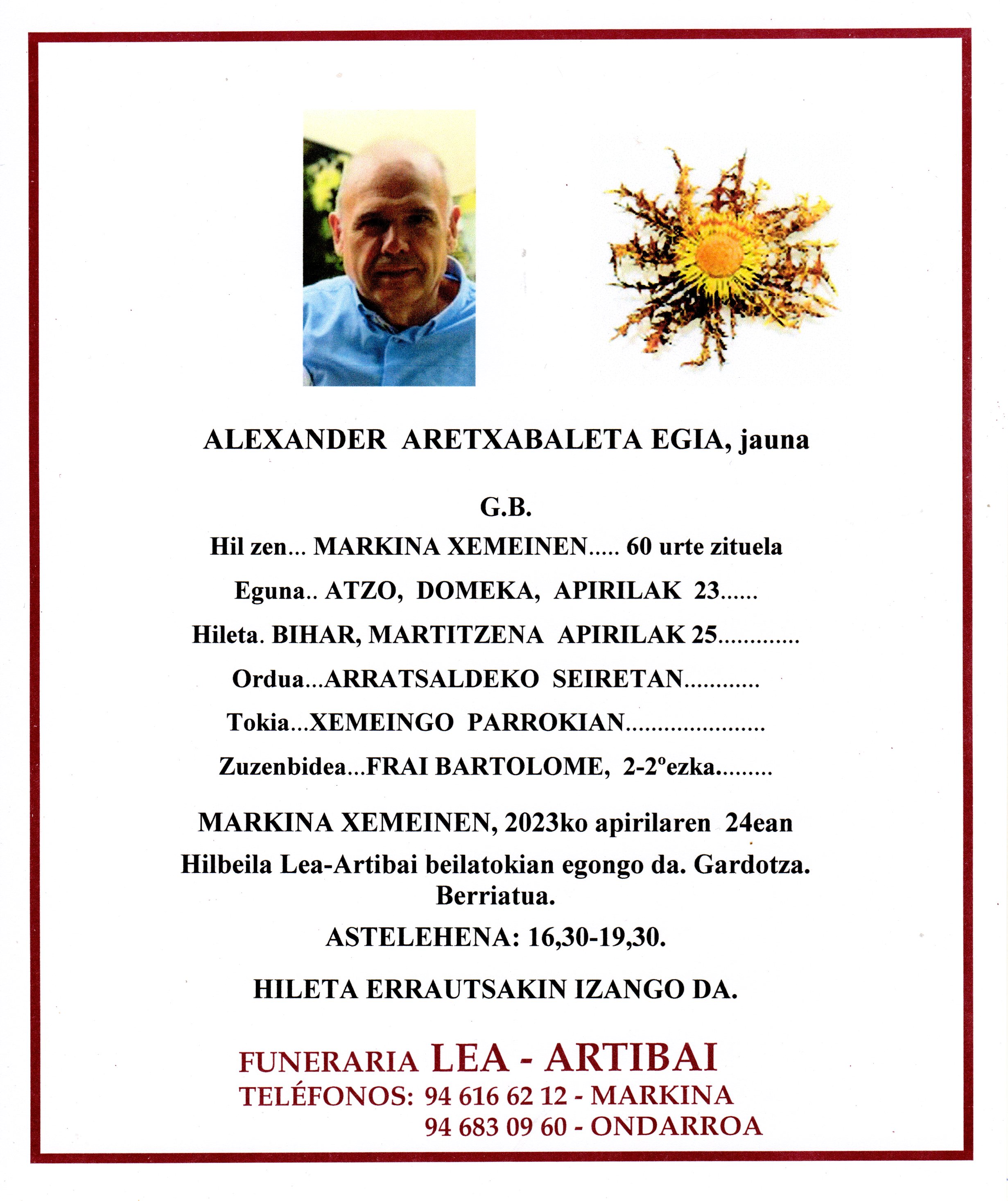 Esquela de Alexander Aretxabaleta Egia