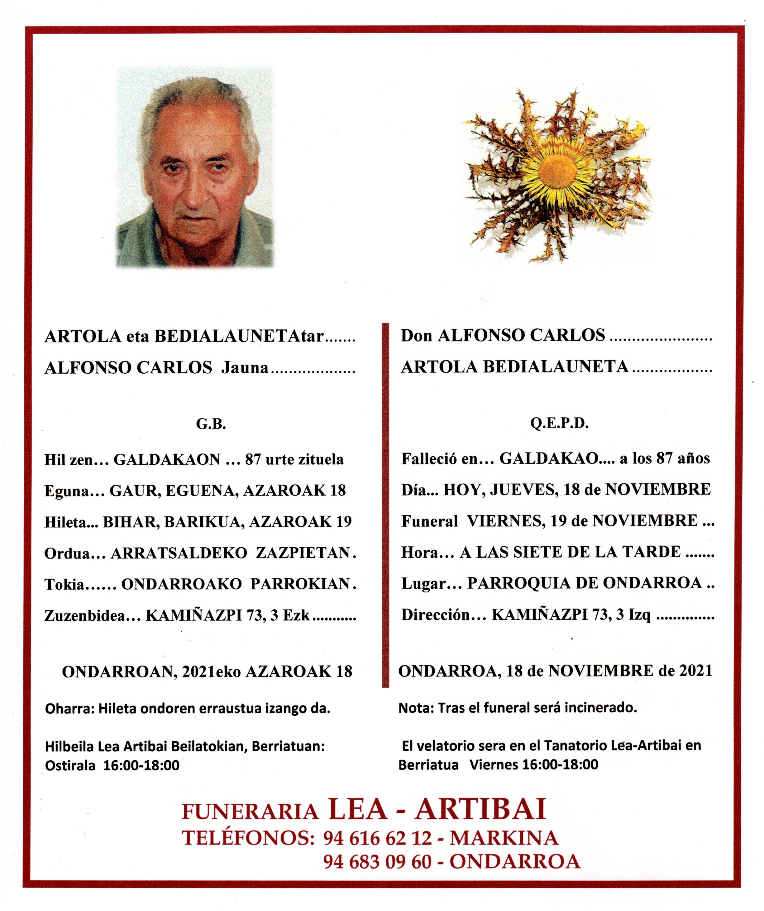 Esquela de Alfonso Carlos Artola Bedialauneta
