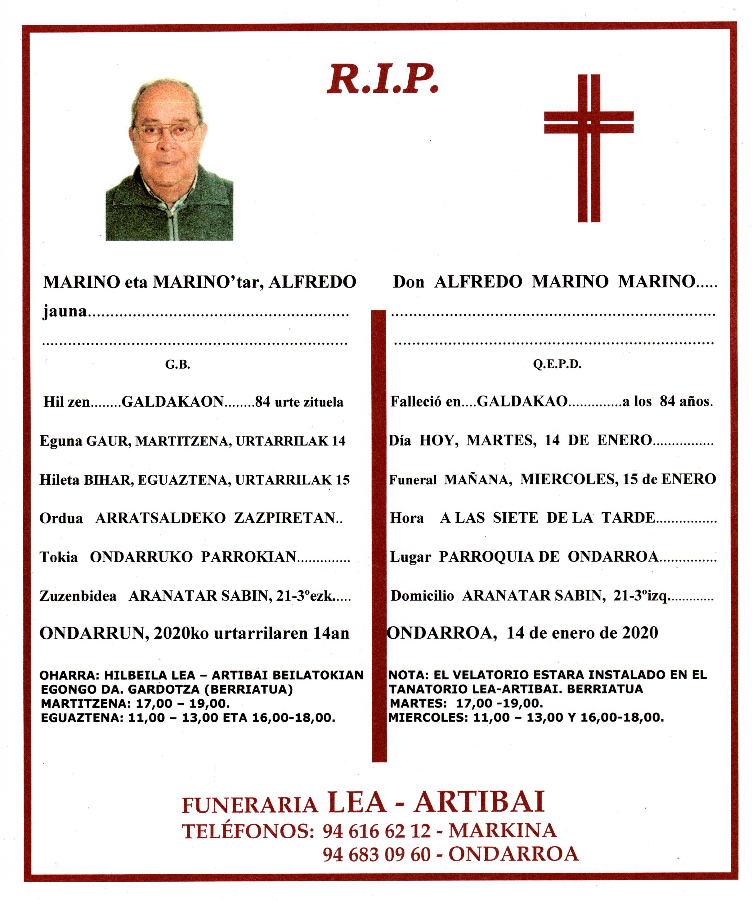 Esquela de Alfredo Marino Marino
