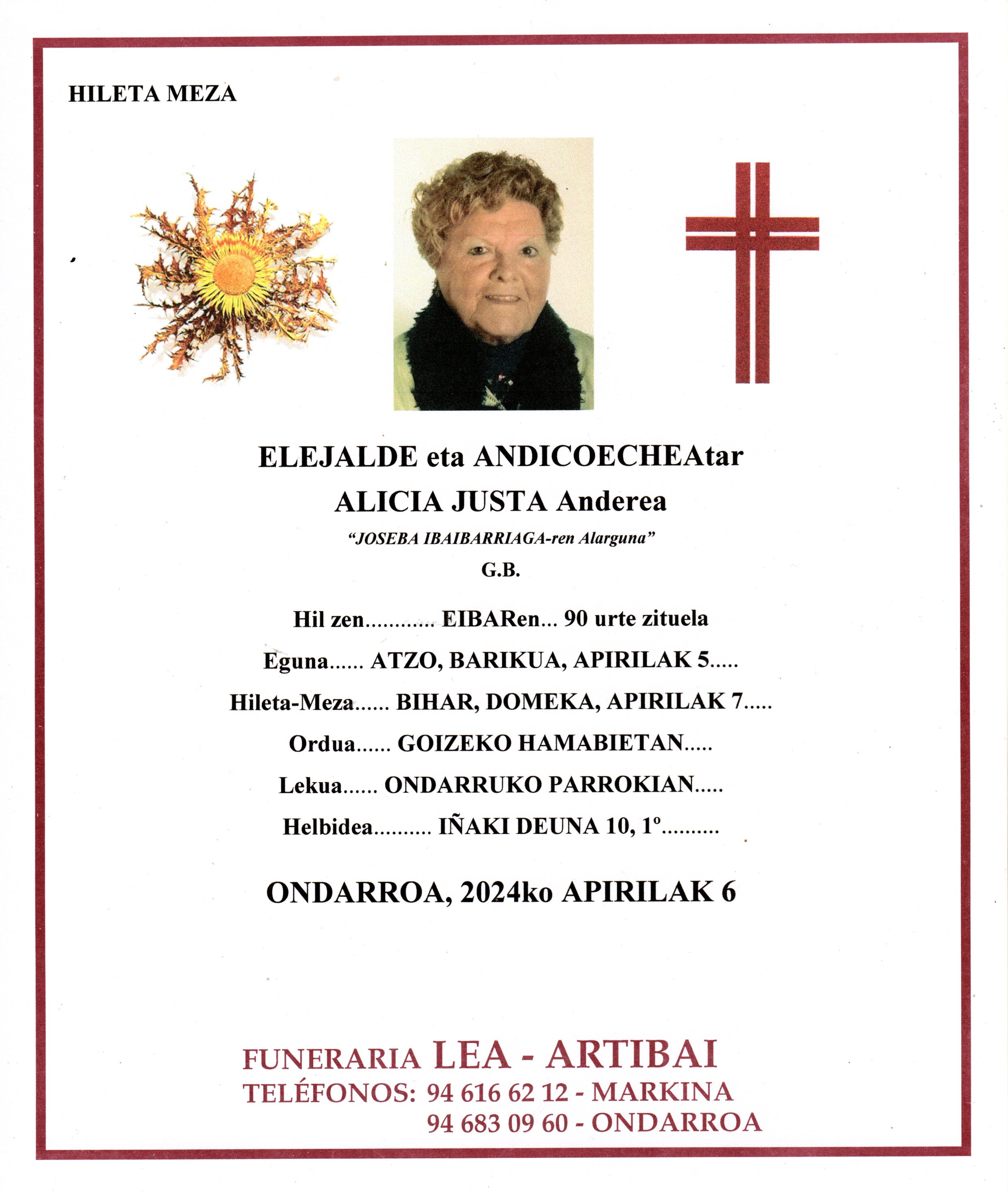 Esquela de Alicia Justa Elejalde Andicoechea
