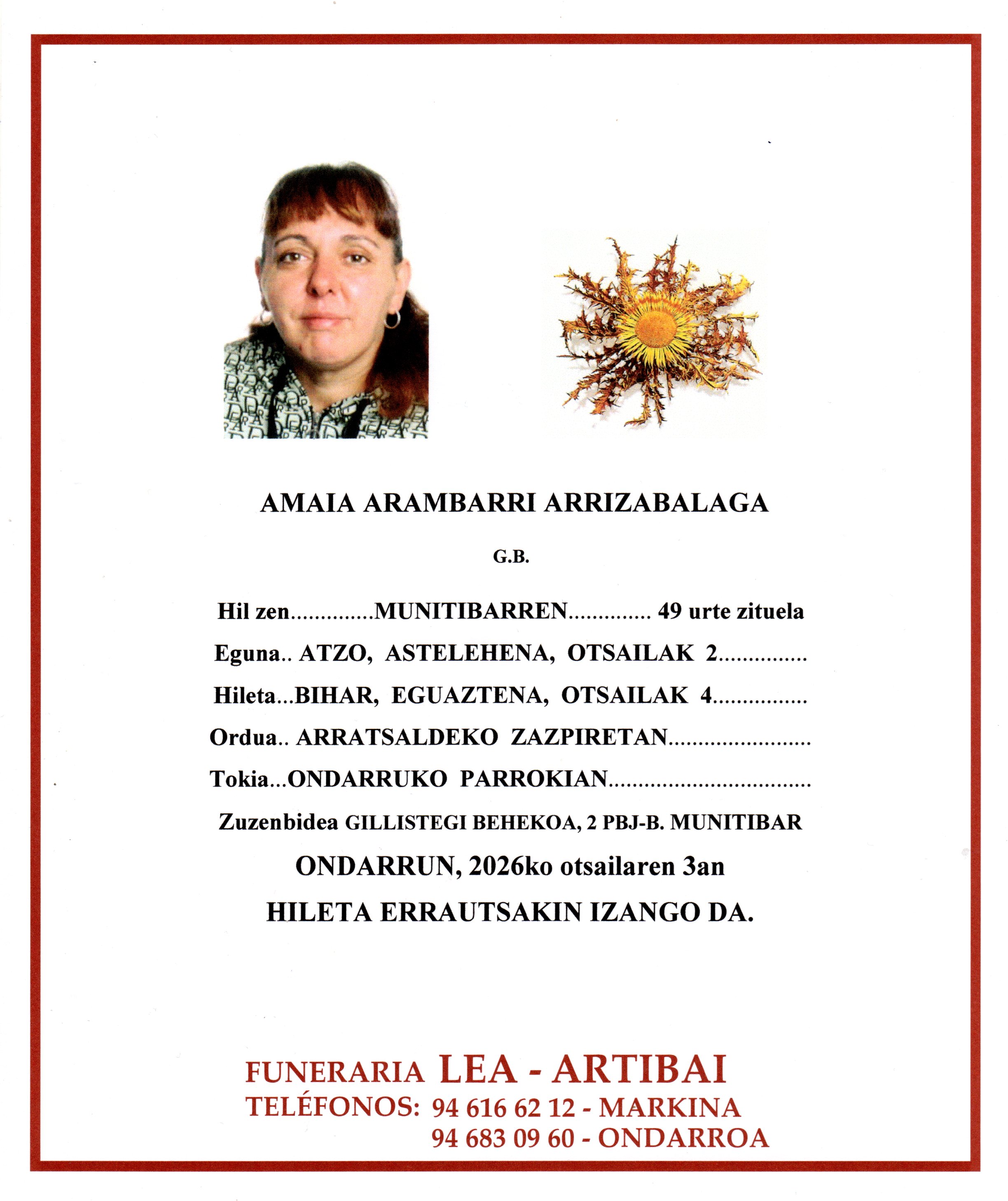 Esquela de Amaia Arambarri Arrizabalaga
