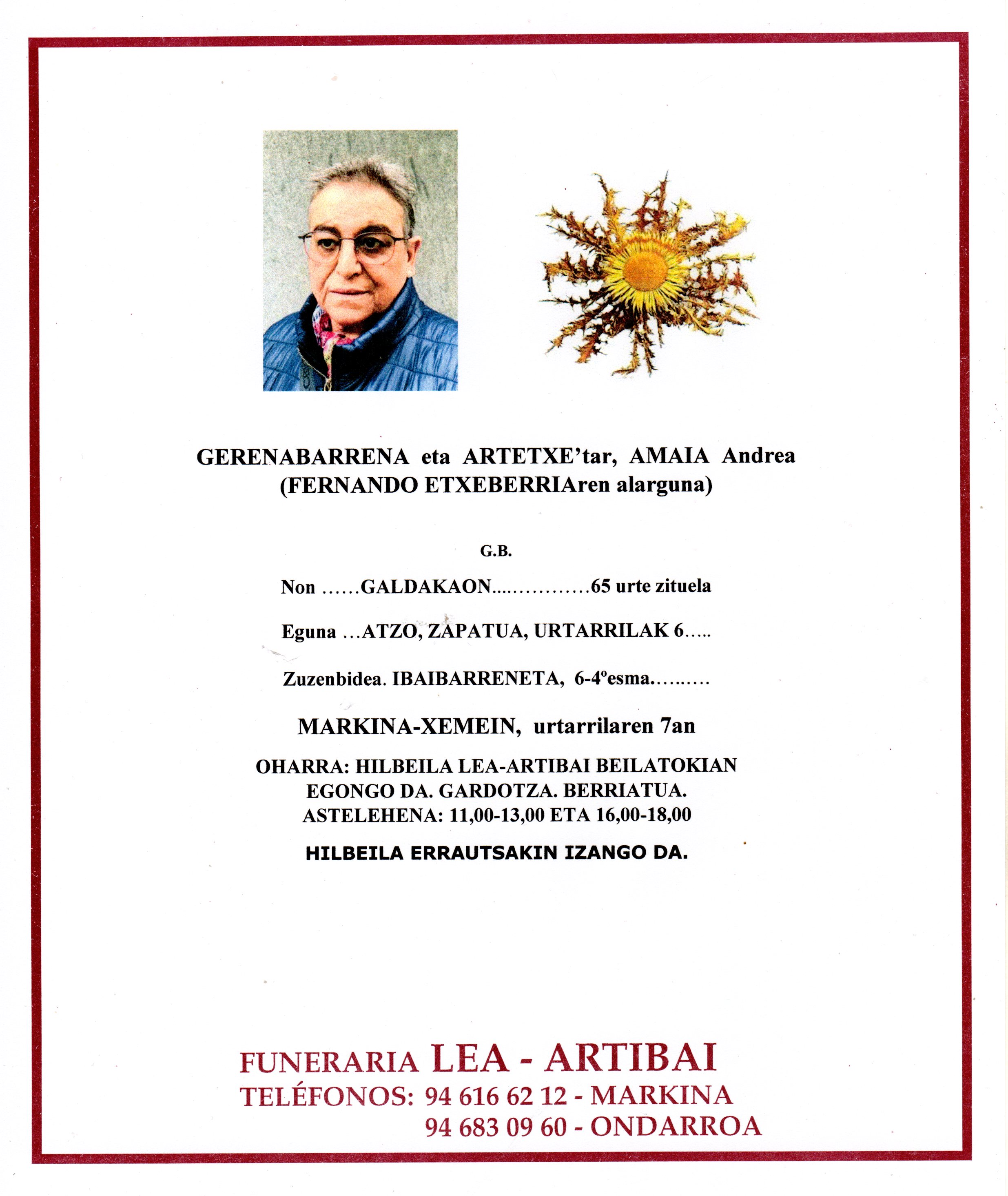 Esquela de Amaia Gerenabarrena Artetxe