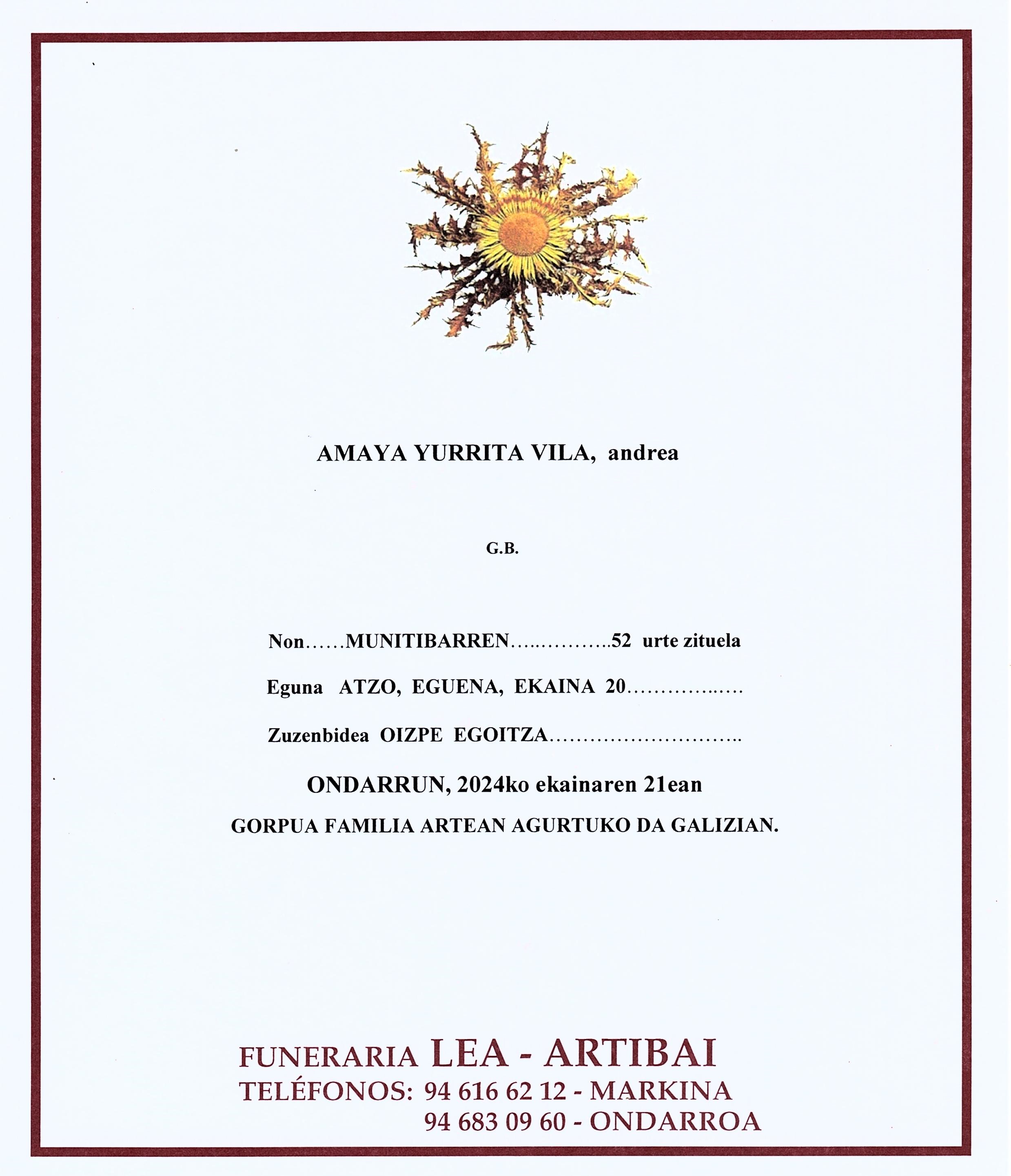 Esquela de Amaya Yurrita Vila
