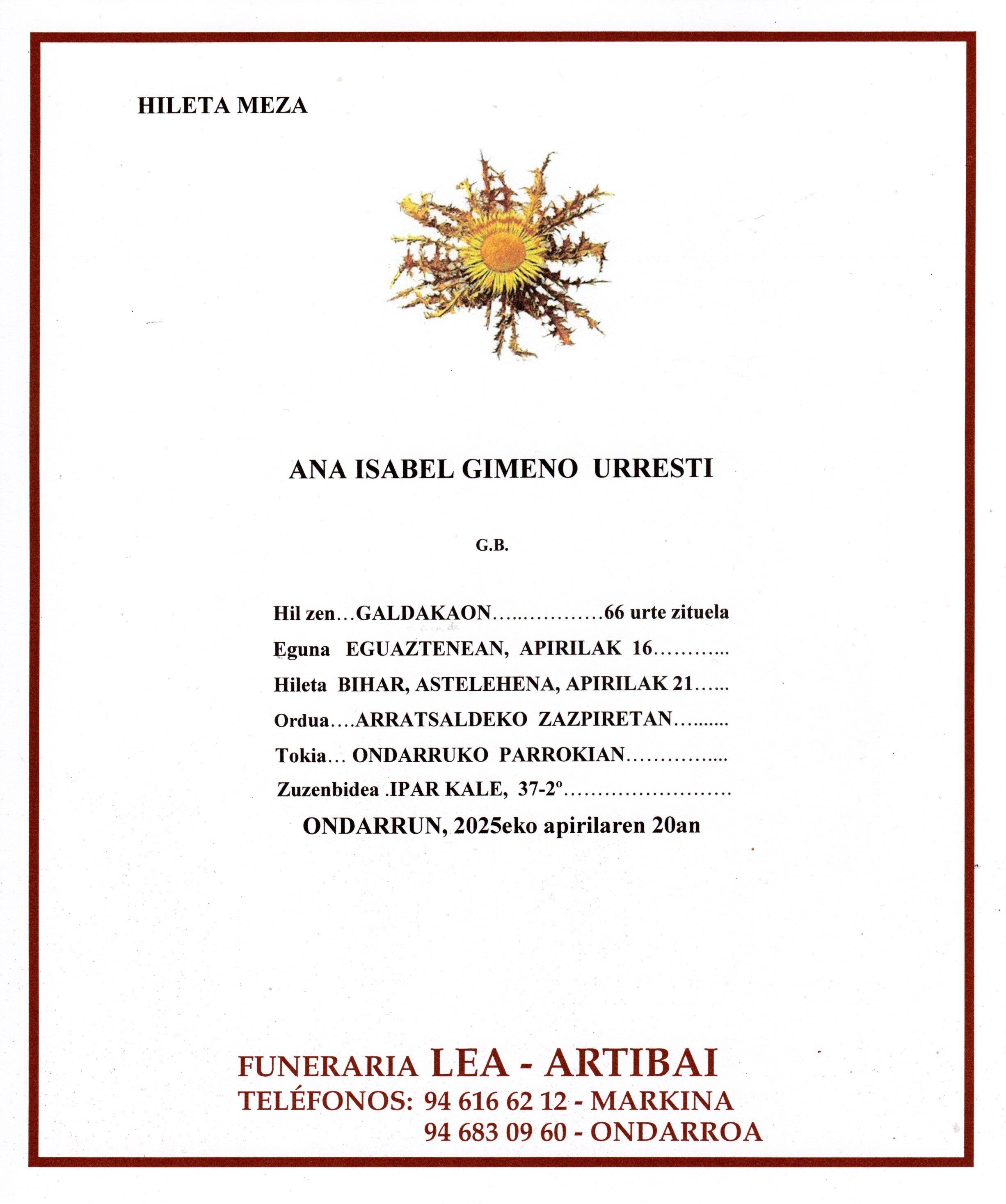 Esquela de Ana Isabel Gimeno Urresti