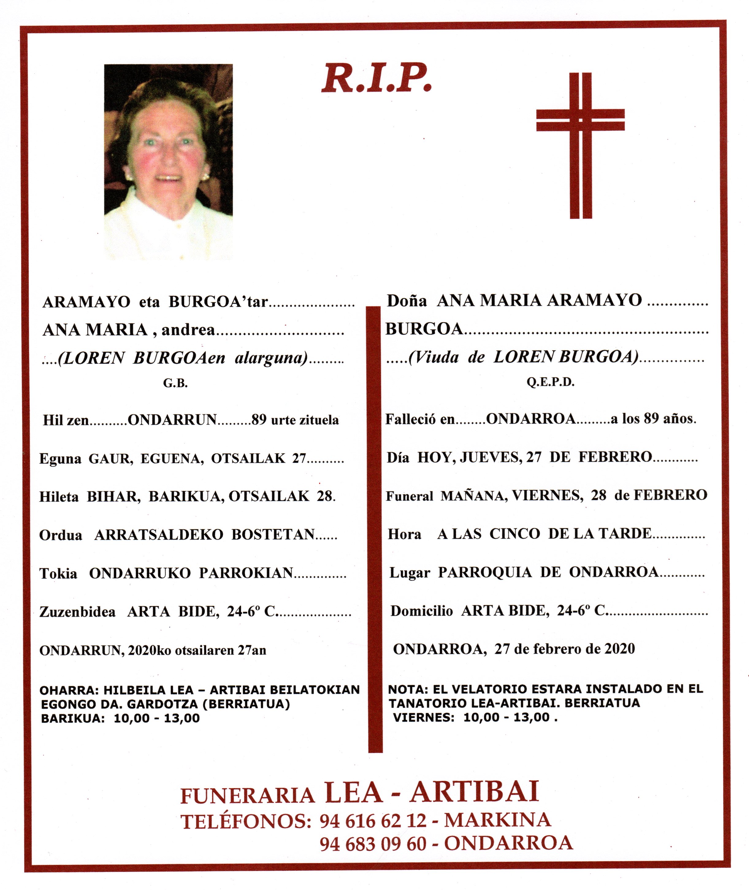 Esquela de Ana Maria Aramaio Burgoa