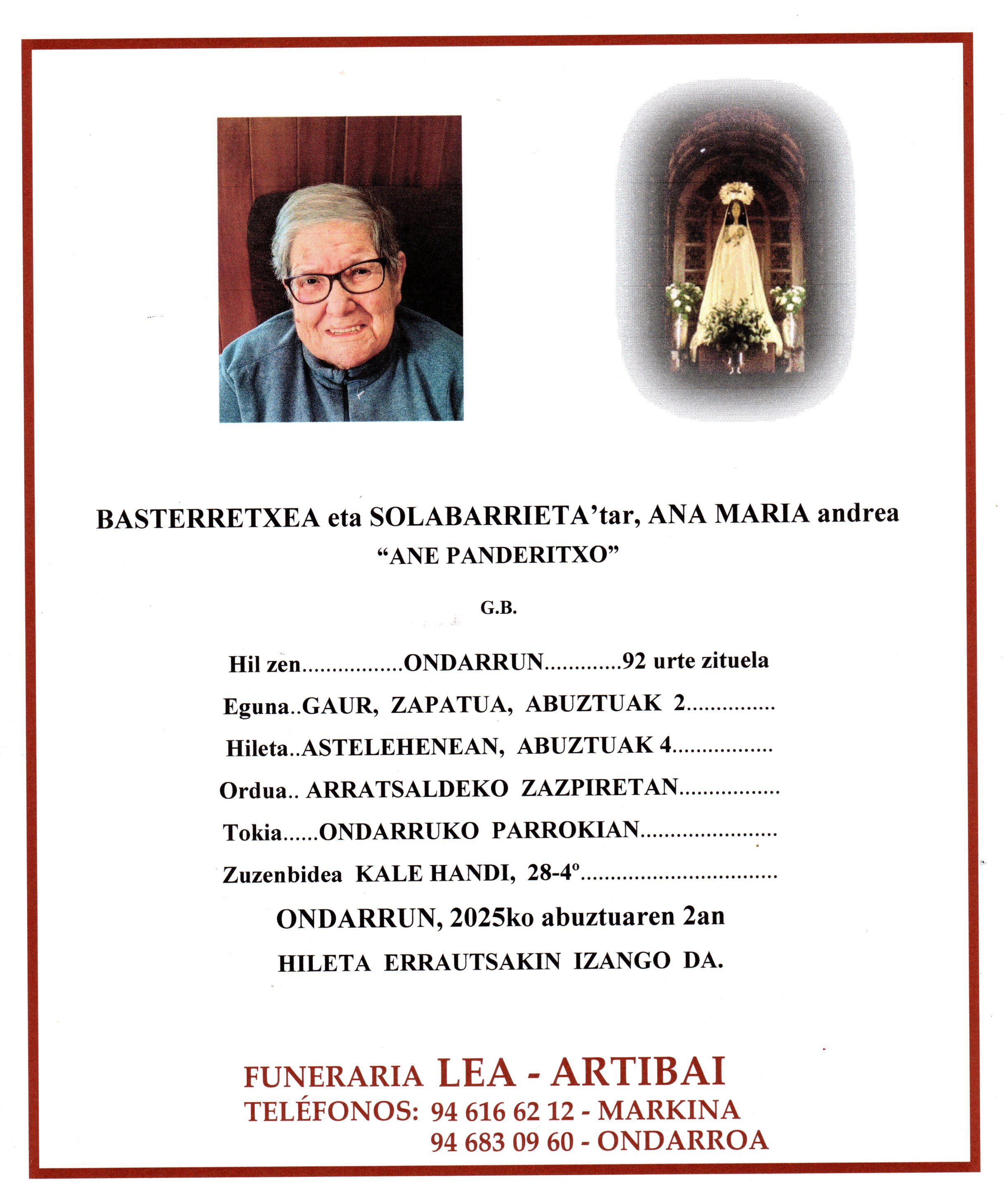 Esquela de Ana Maria Basterretxea Solabarrieta