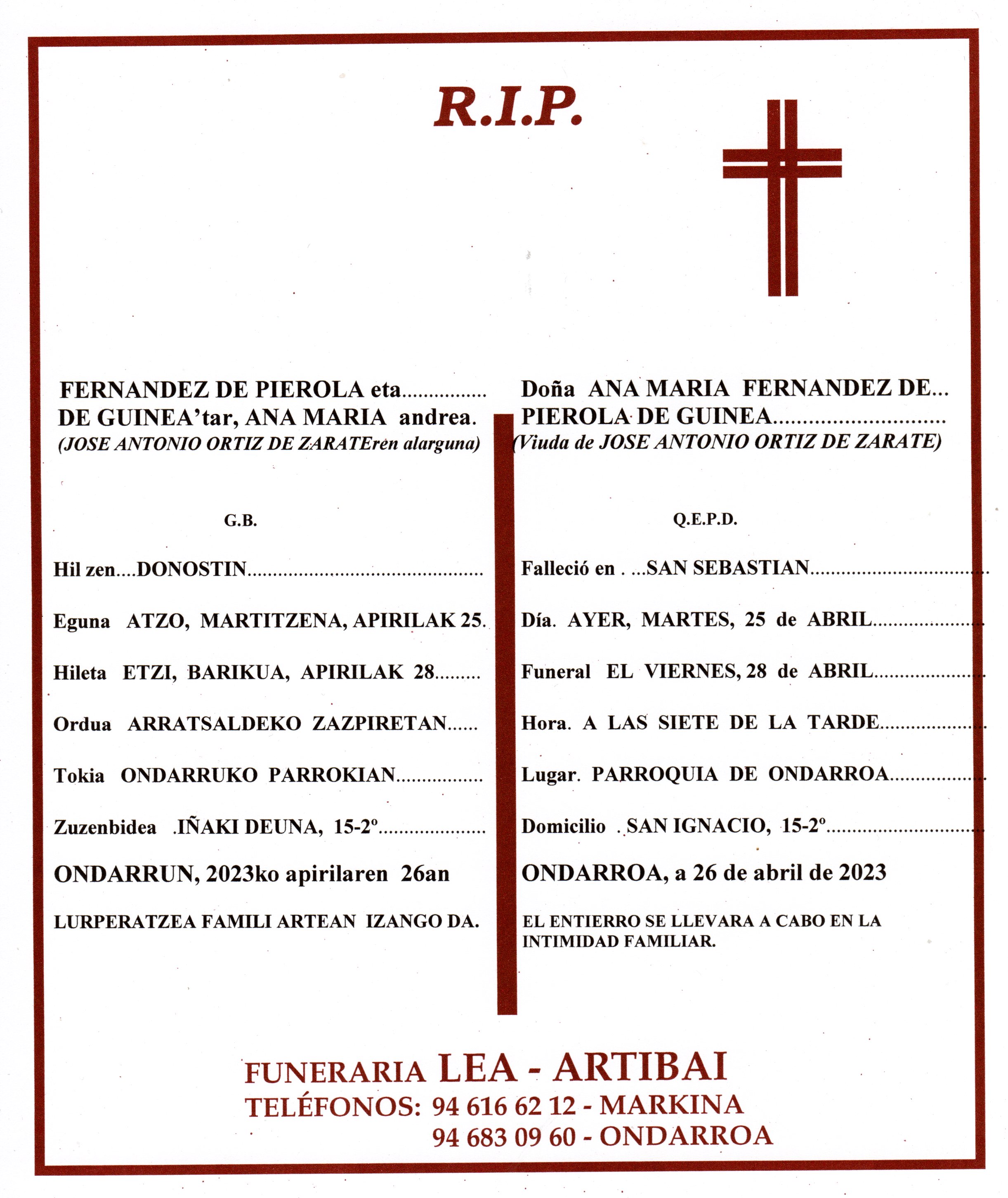 Esquela de Ana Maria Fernandez de Pierola de Guinea