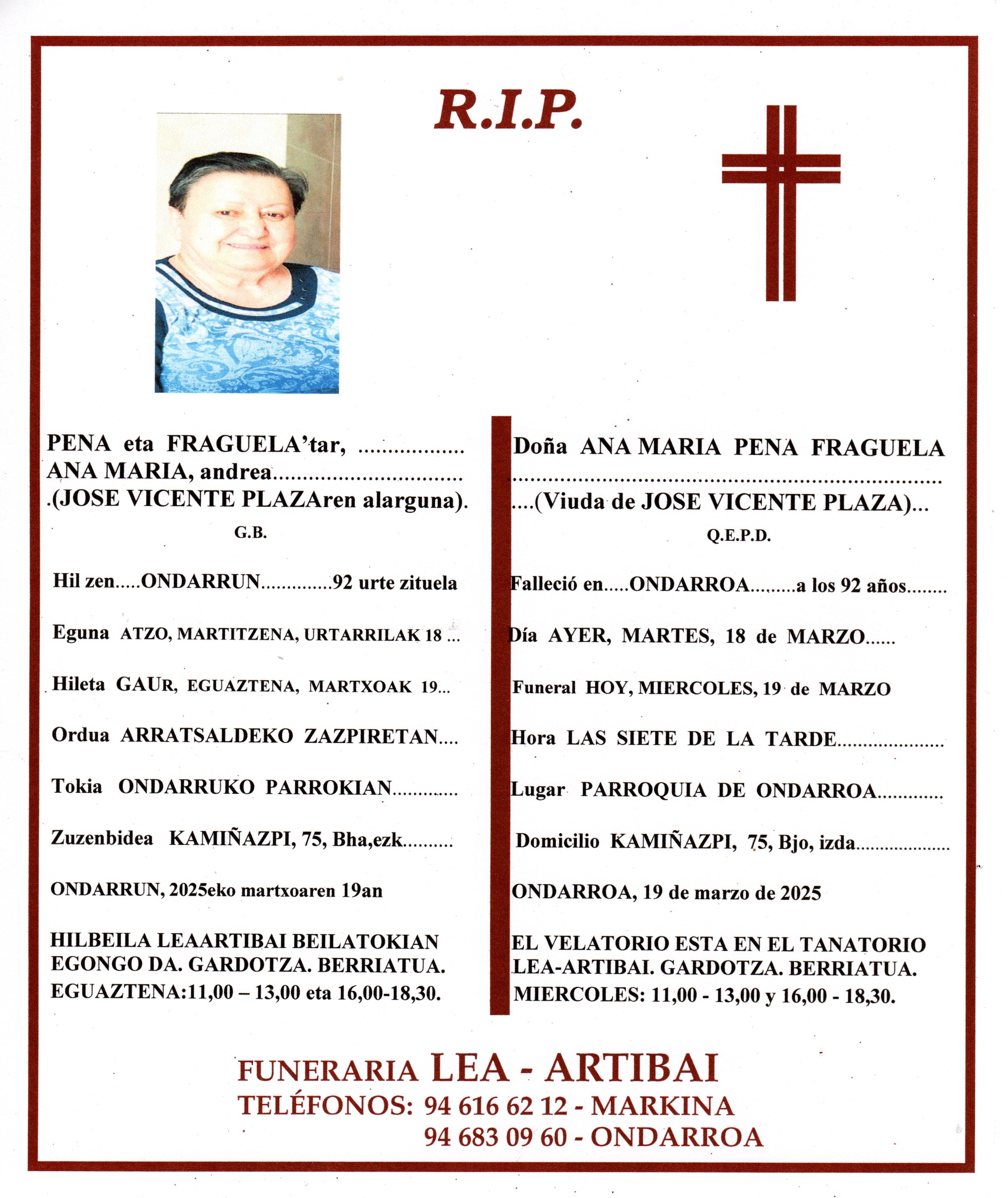 Esquela de Ana Maria Pena Fraguela