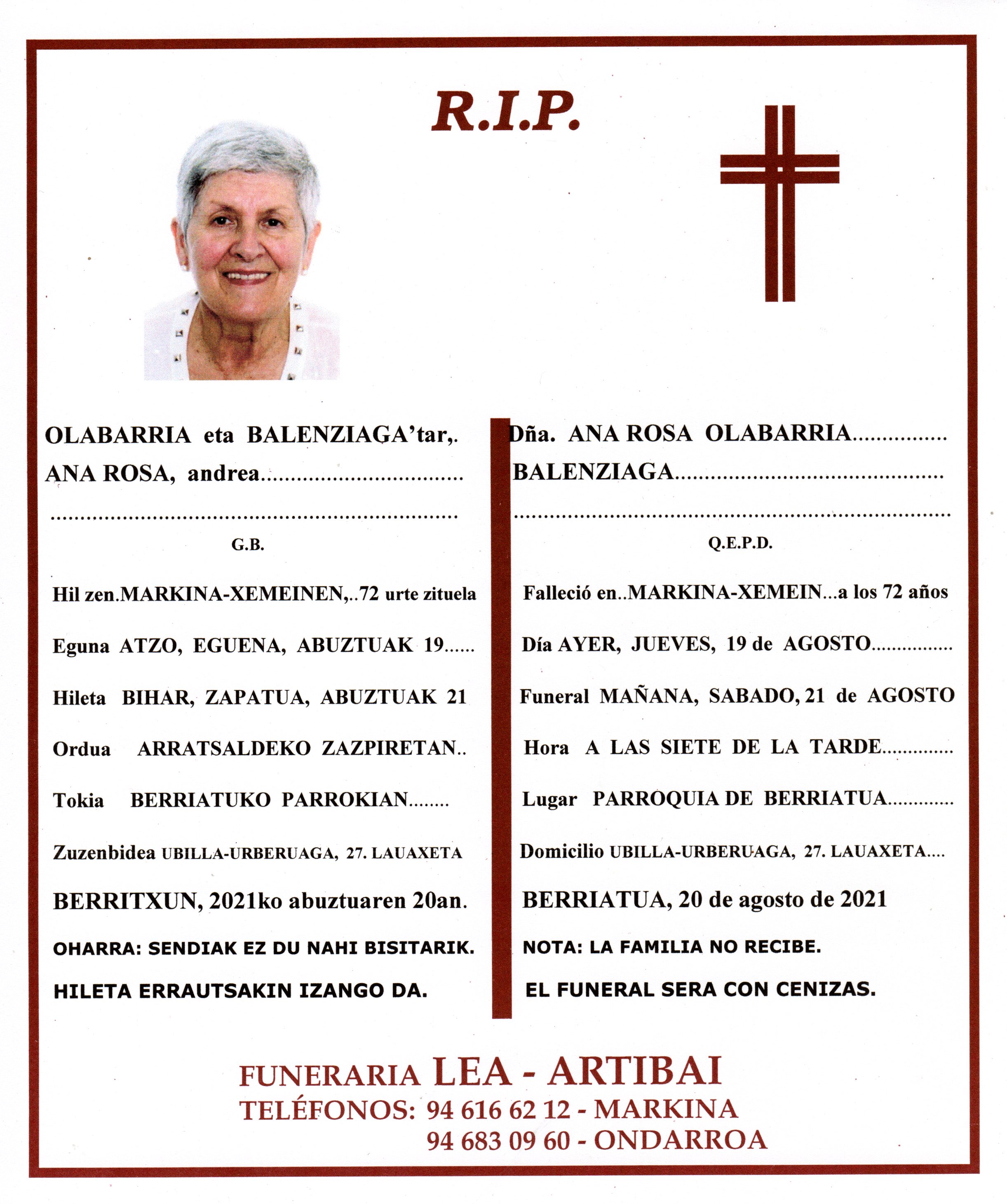 Esquela de Ana Rosa Olabarria Balenziaga