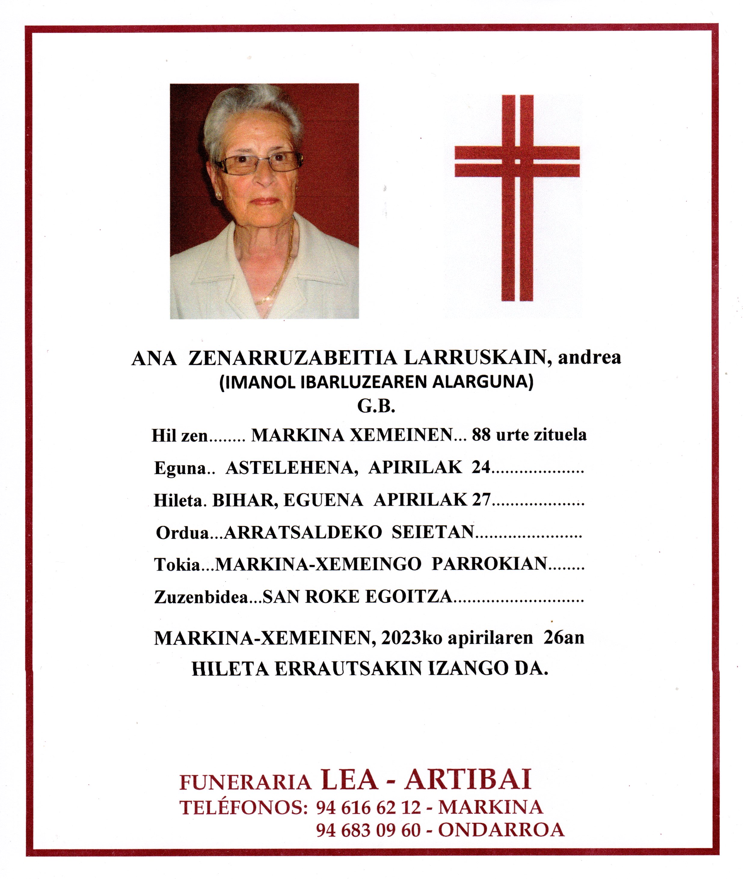 Esquela de Ana Zenarruzabeitia Larruskain