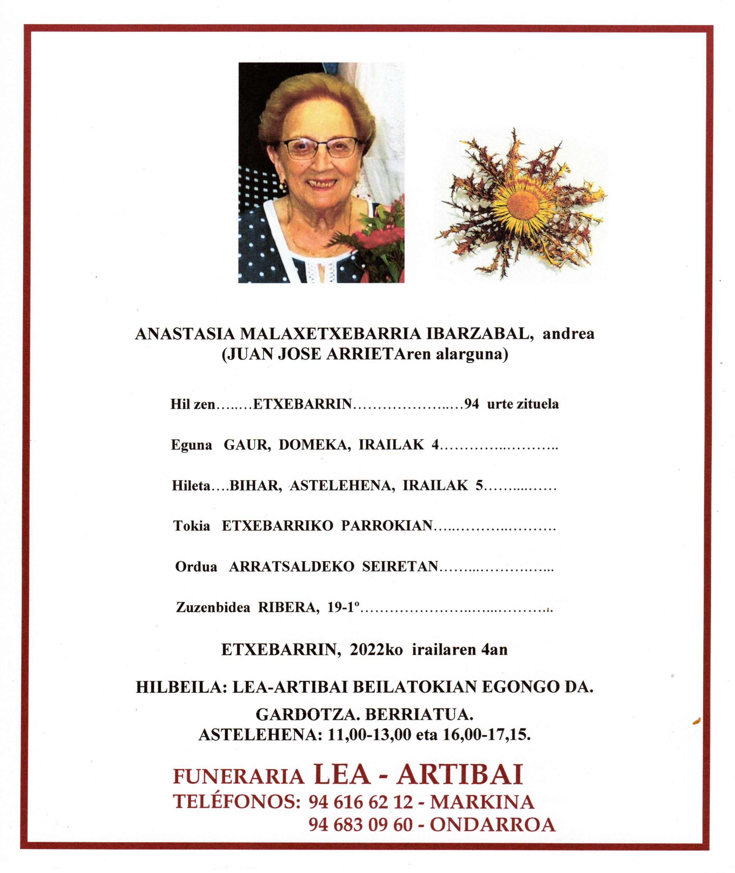 Esquela de Anastasia Malaxetxebarria Ibarzabal