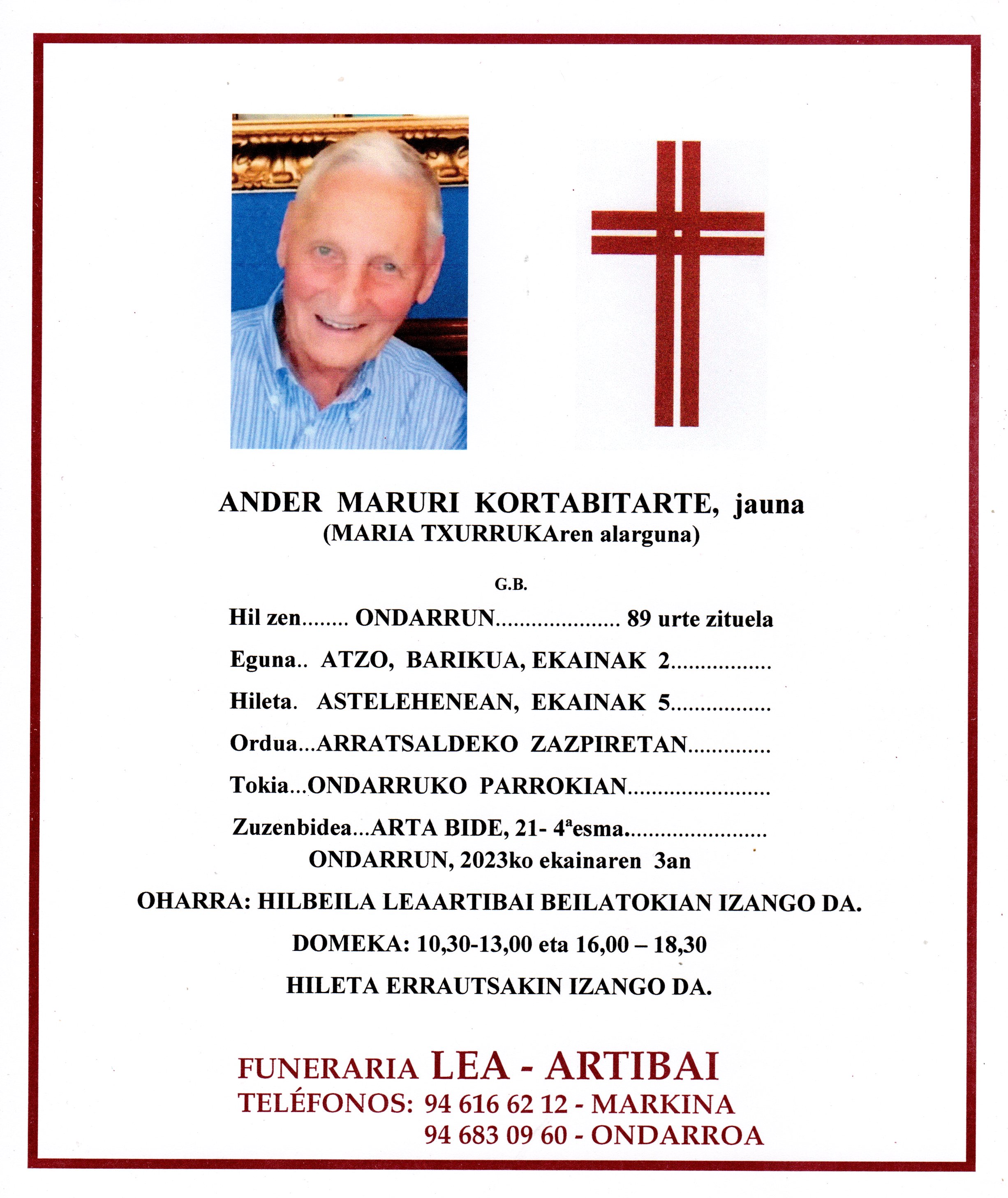 Esquela de Ander Maruri Kortabitarte
