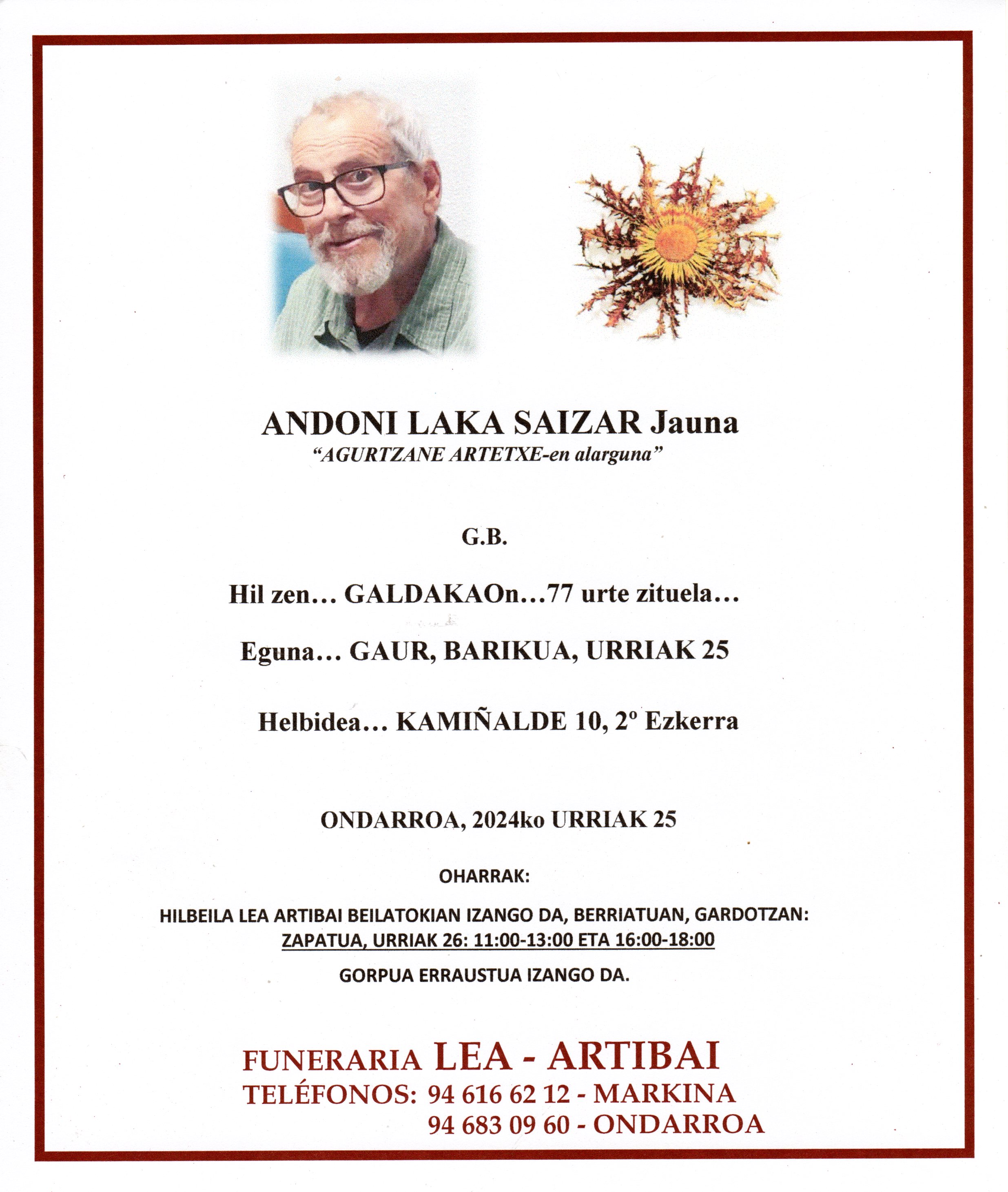 Esquela de Andoni Laka Saizar
