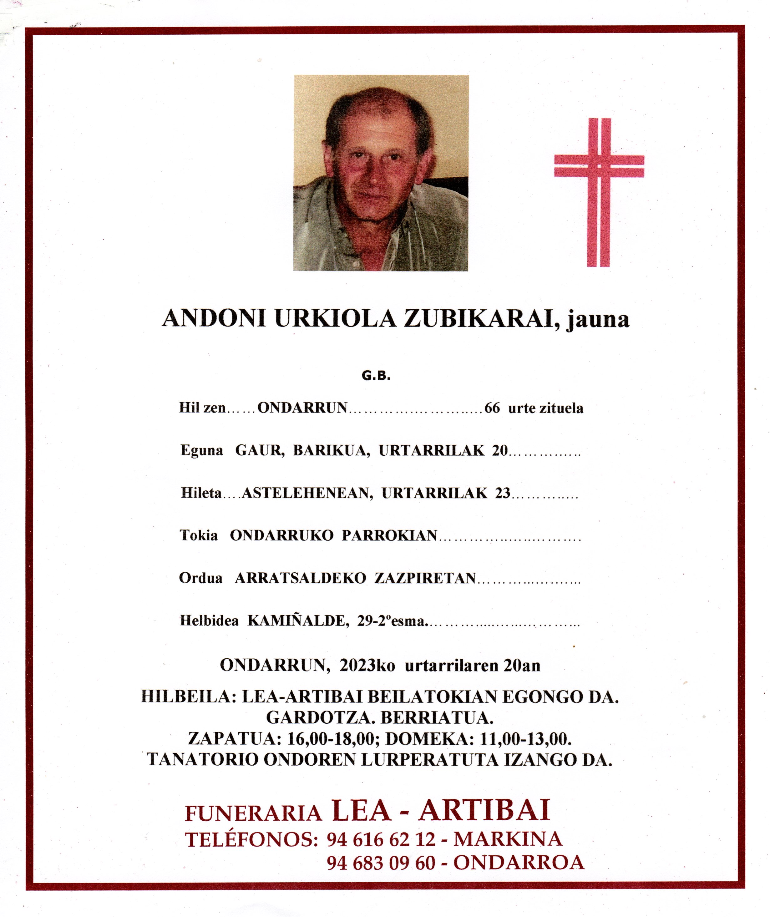 Esquela de Andoni Urkiola Zubikarai