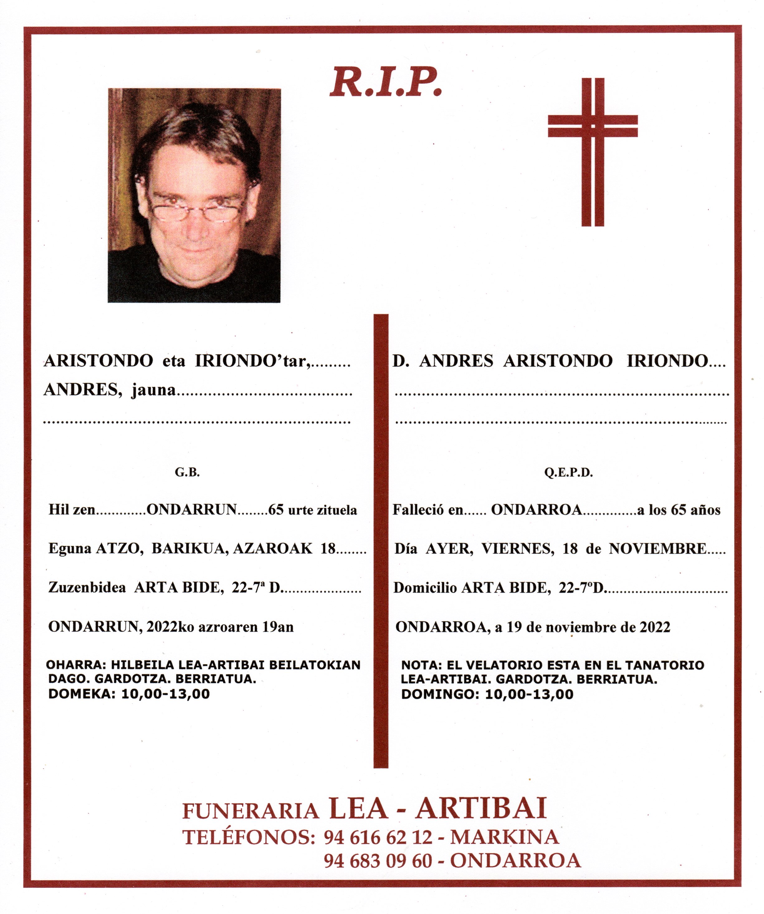 Esquela de Andres Aristondo Iriondo