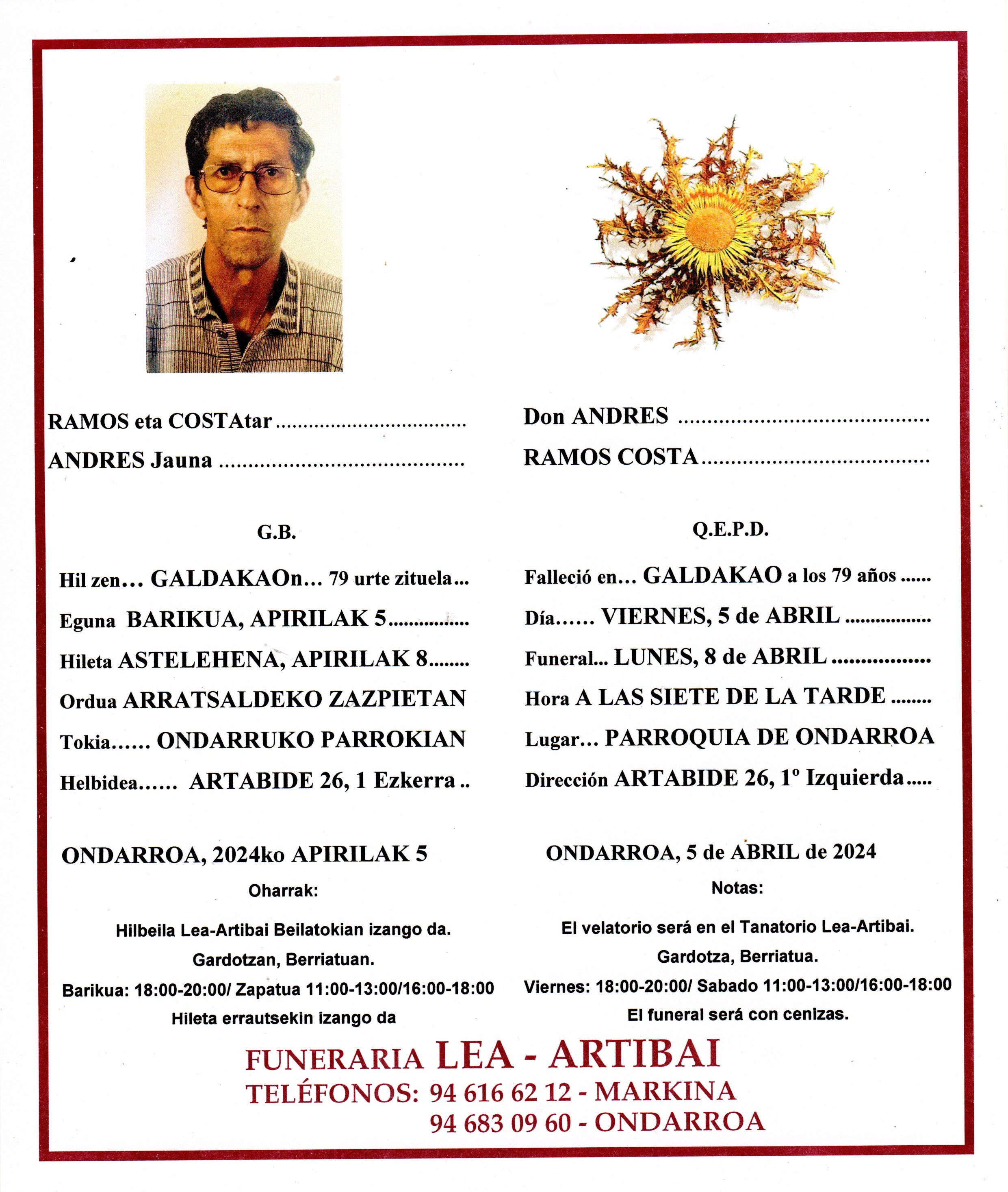 Esquela de Andres Ramos Costa