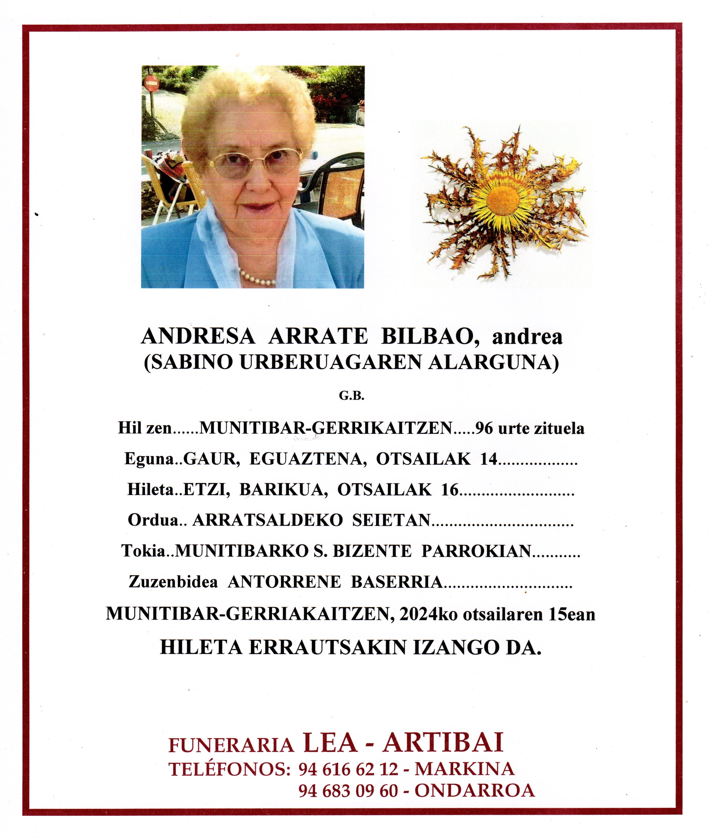 Esquela de Andresa Arrate Bilbao