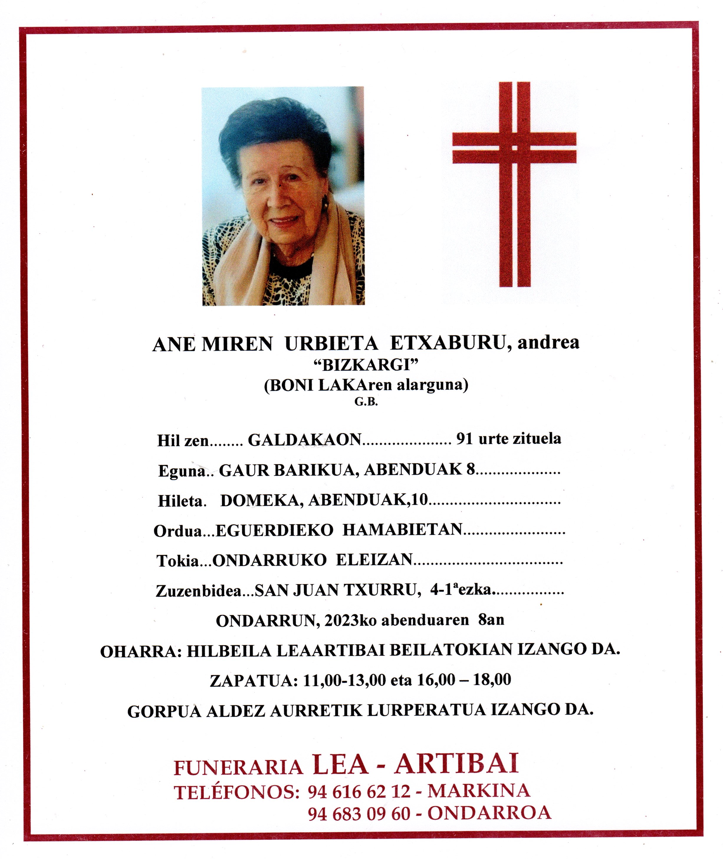 Esquela de Ane Miren Urbieta Etxaburu