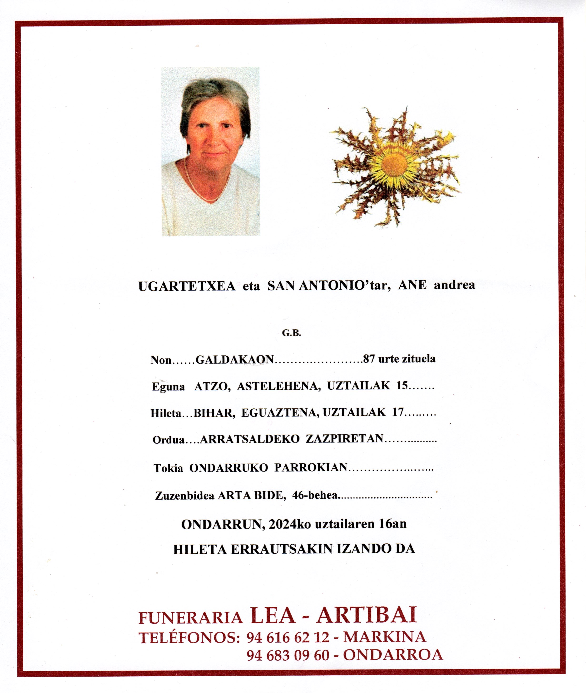 Esquela de Ane Ugartetxea San Antonio