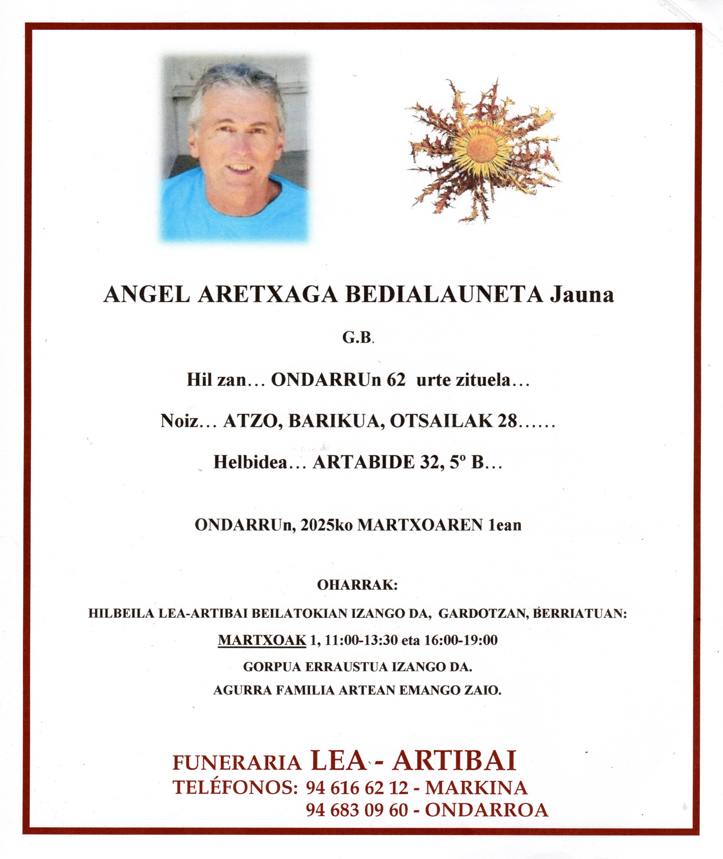 Esquela de Angel Aretxaga Bedialauneta