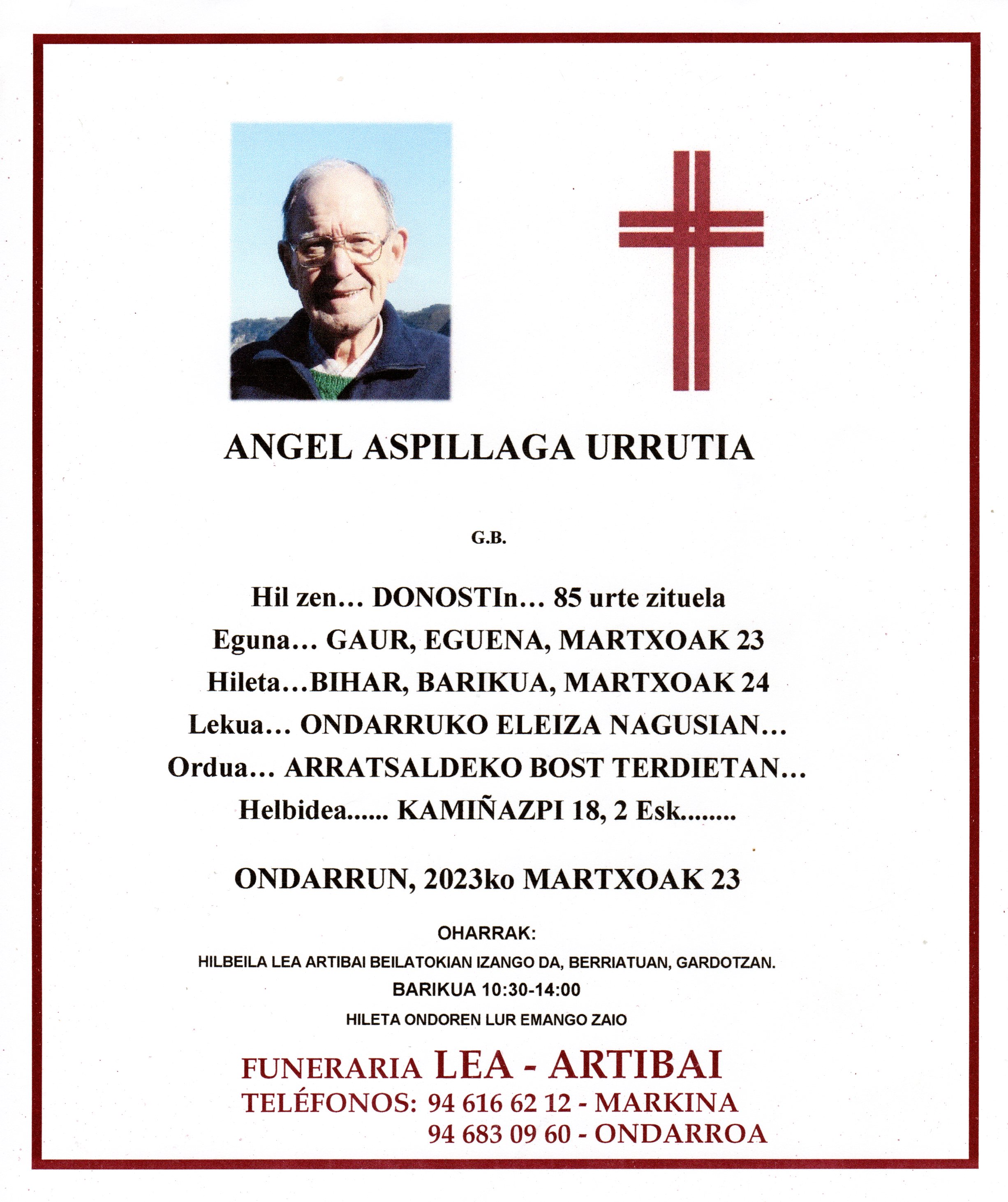 Esquela de Angel Aspillaga Urrutia
