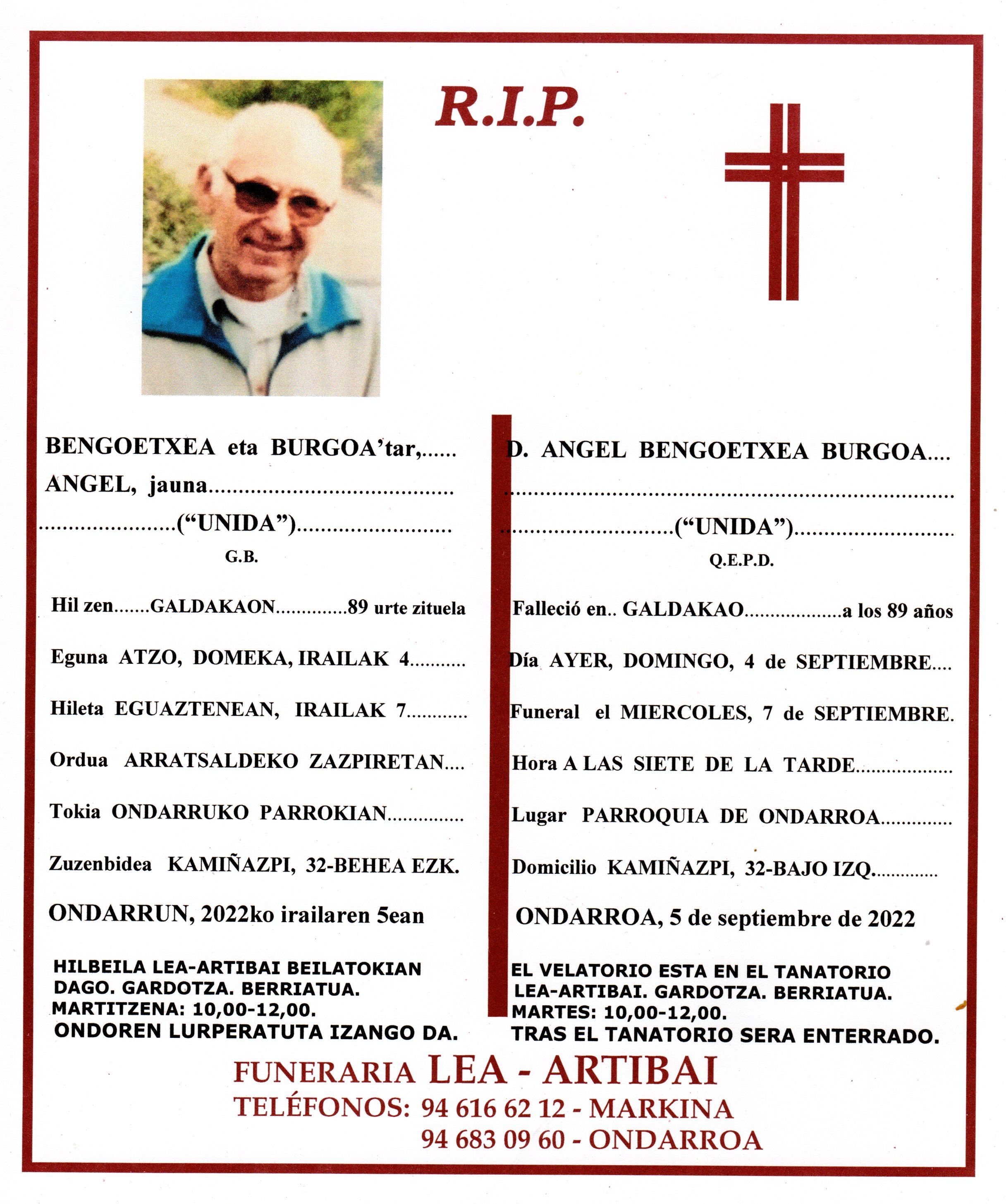Esquela de Angel Bengoetxea Burgoa