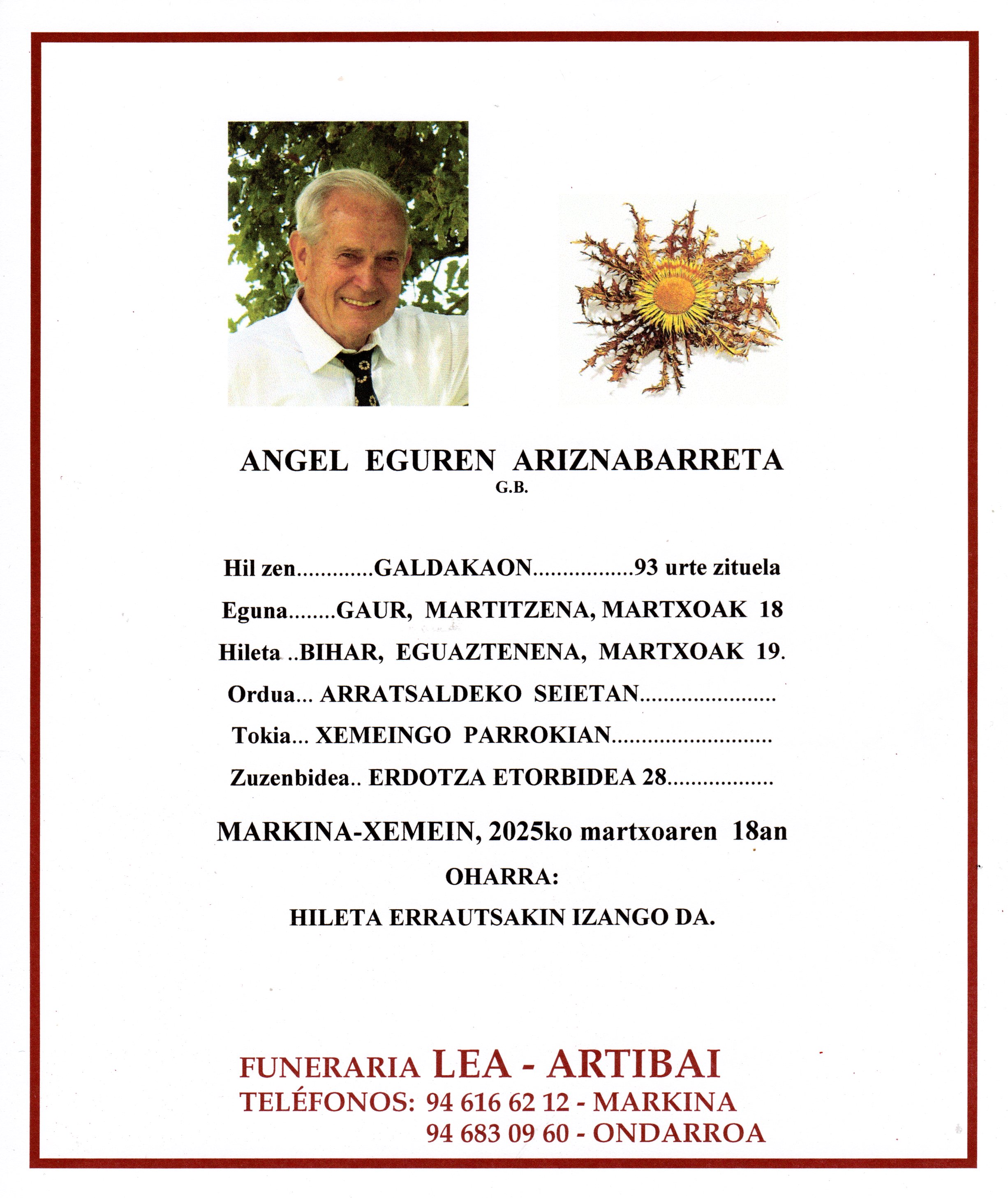 Esquela de Angel Eguren Ariznabarreta