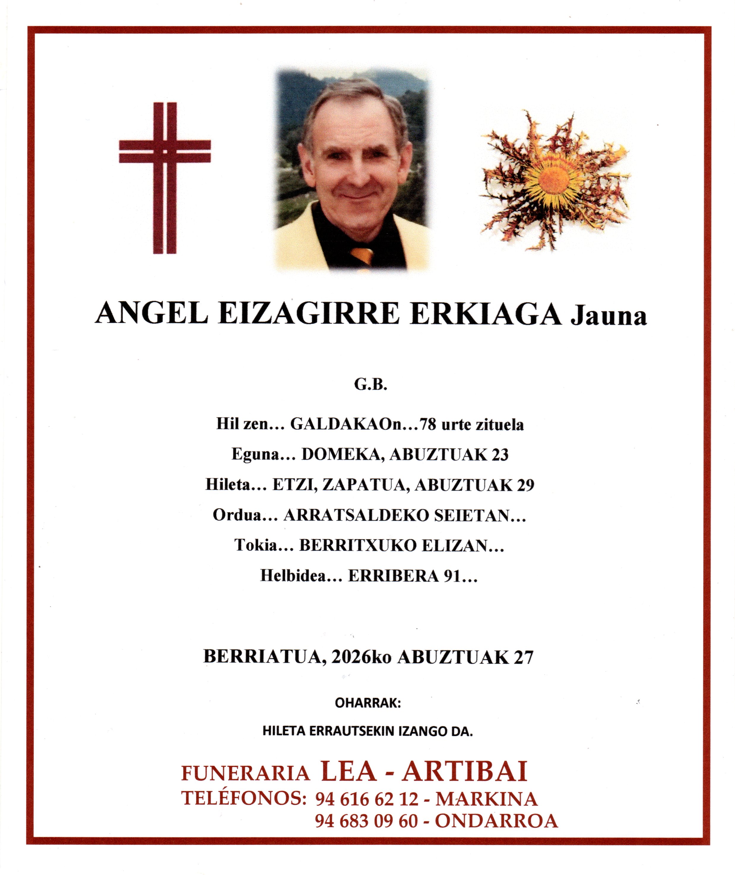 Esquela de Angel Eizagirre Erkiaga