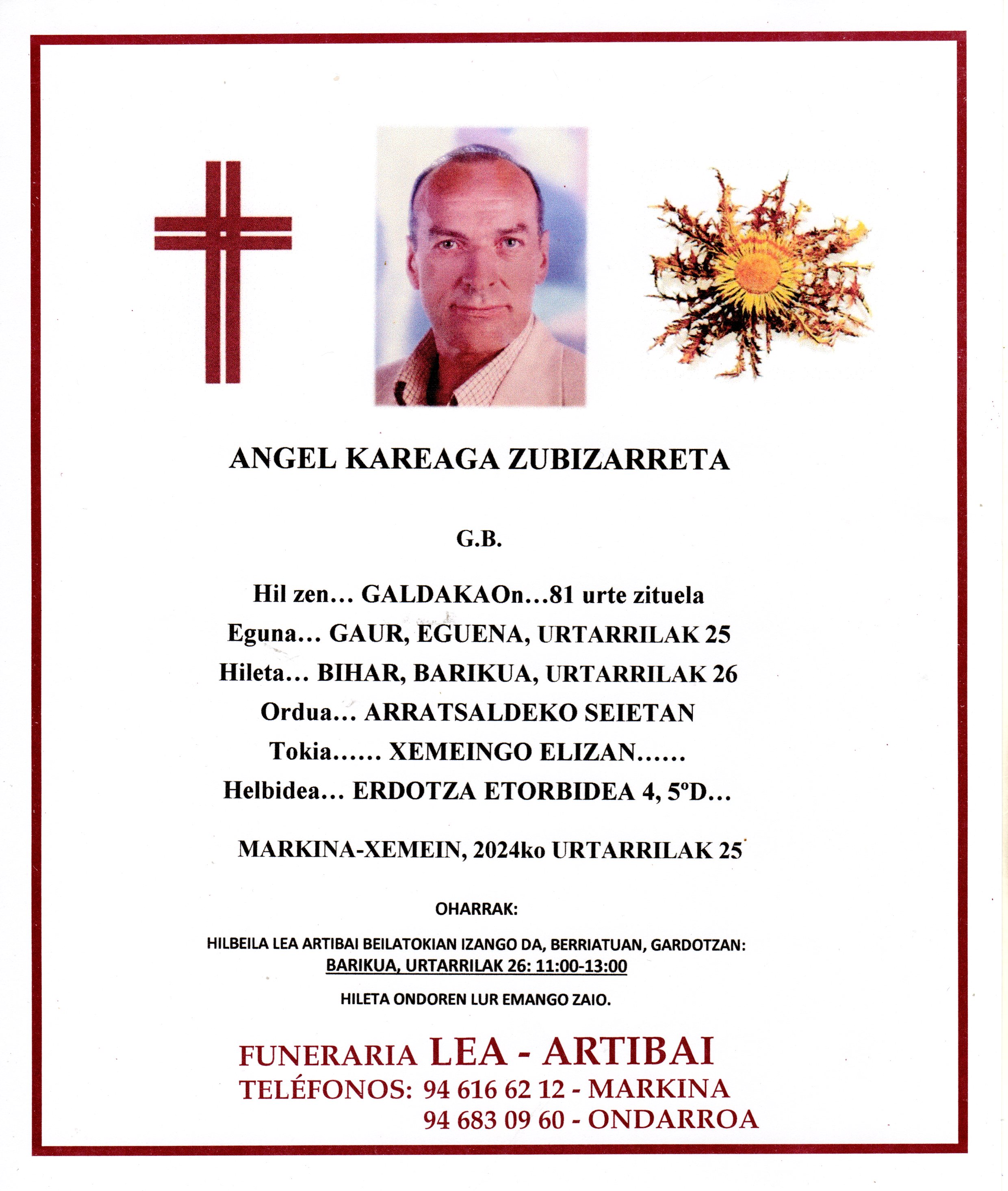 Esquela de Angel Kareaga Zubizarreta