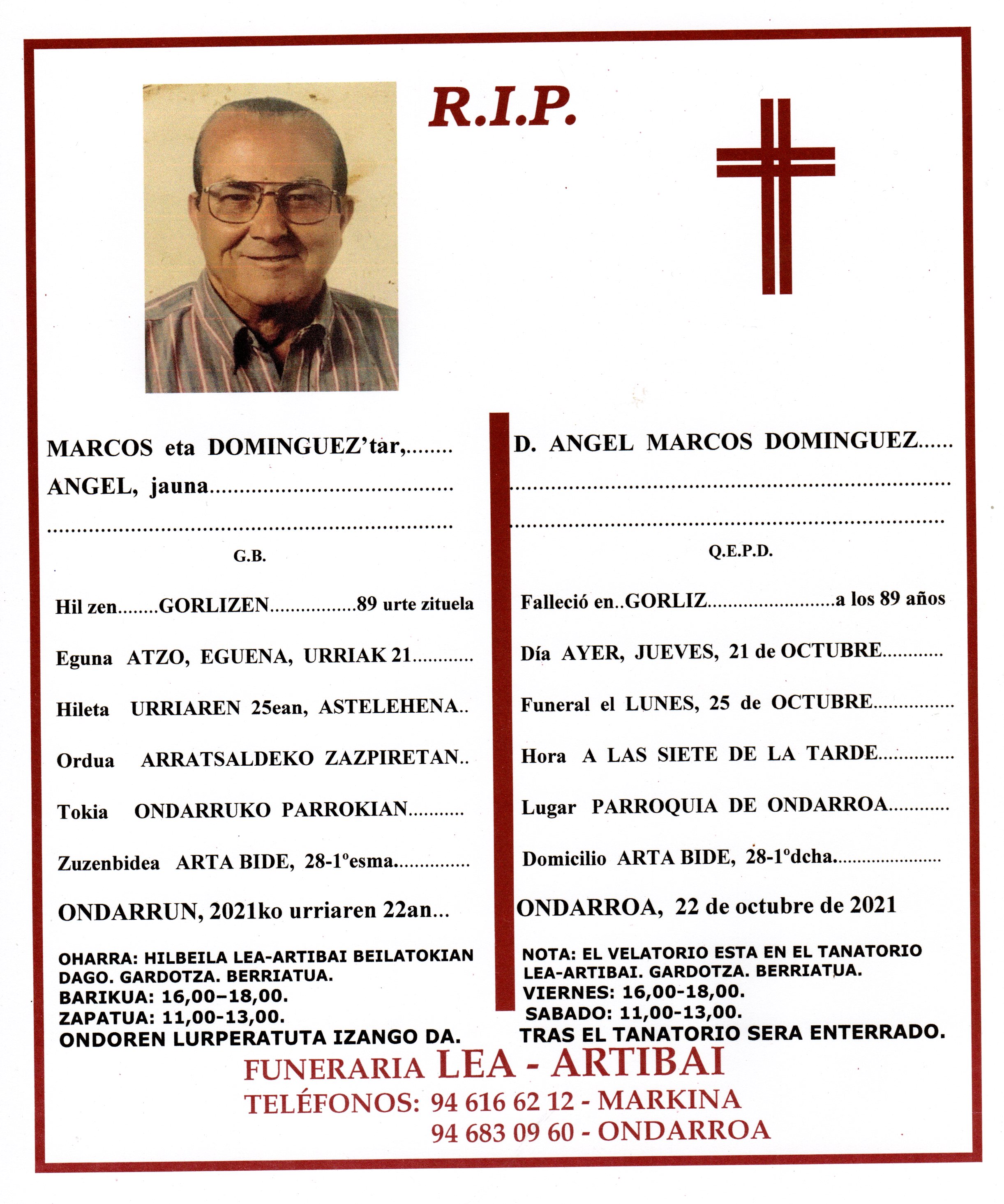 Esquela de Angel Marcos Dominguez